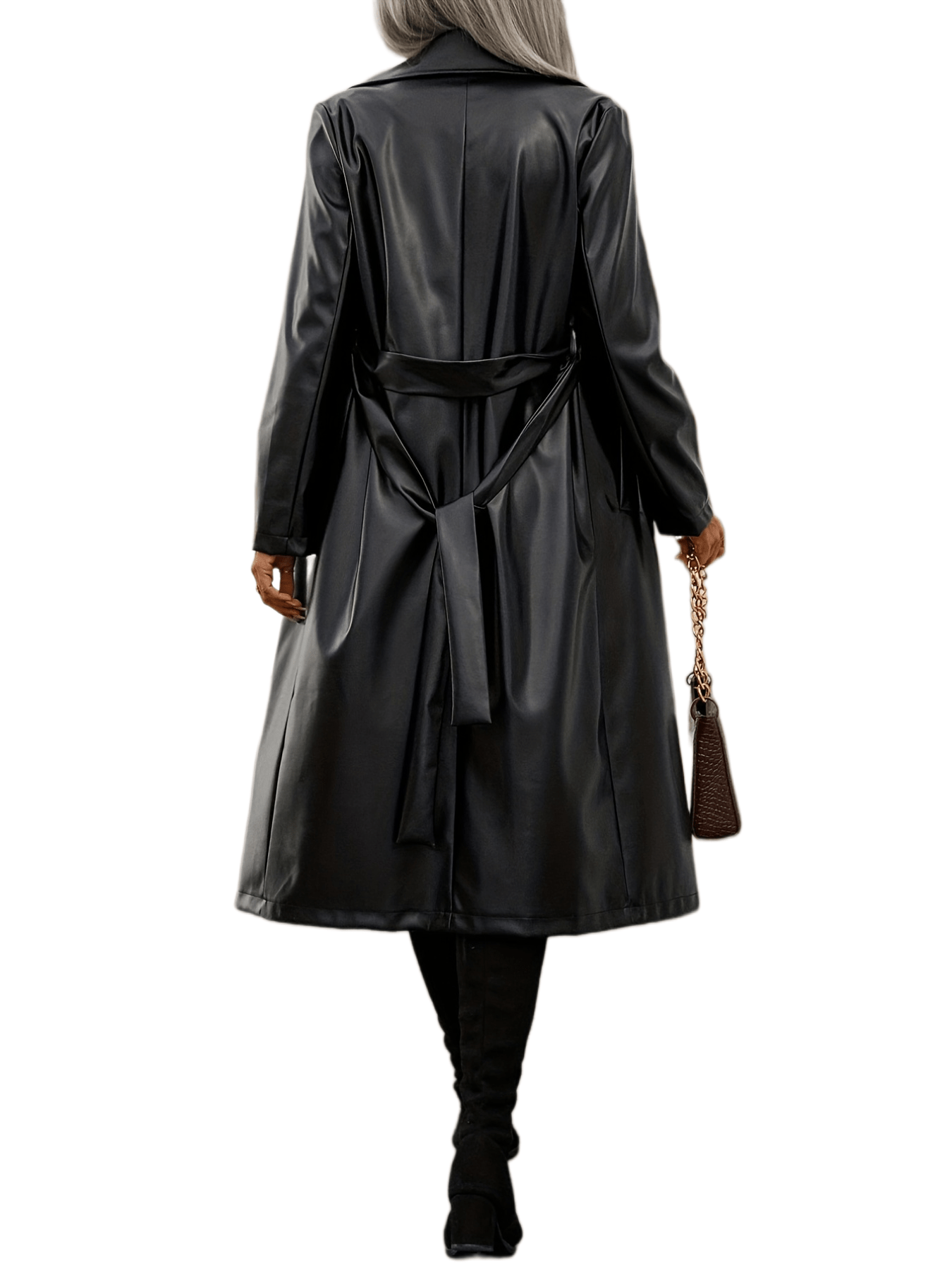 gbolsos Open Front Faux Leather Overcoat, Vintage Belted Open Front Lapel Solid Outwear, Women's Clothing