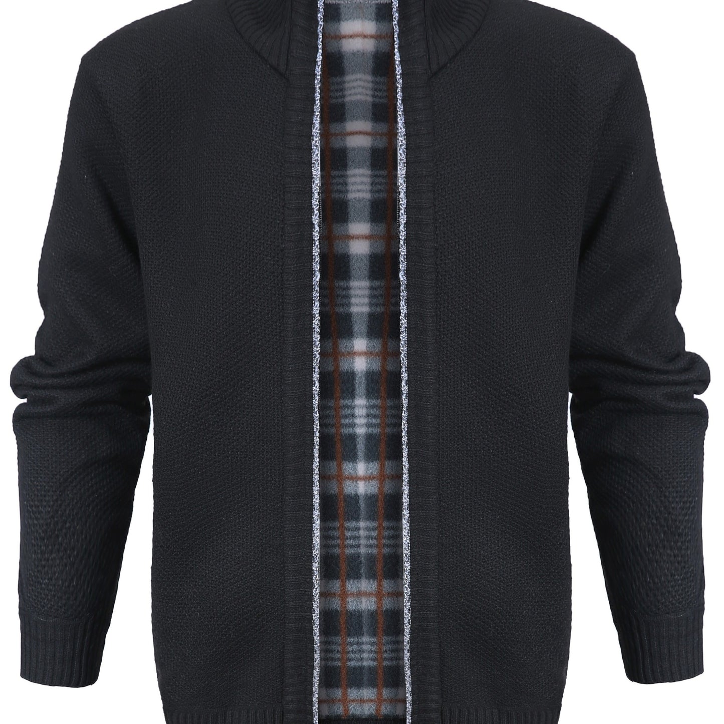 gbolsos Warm Zip Up Jacket Sweater, Men's Casual Lapel Mid Stretch Slant Pocket Solid Color Cardigan For Fall Winter