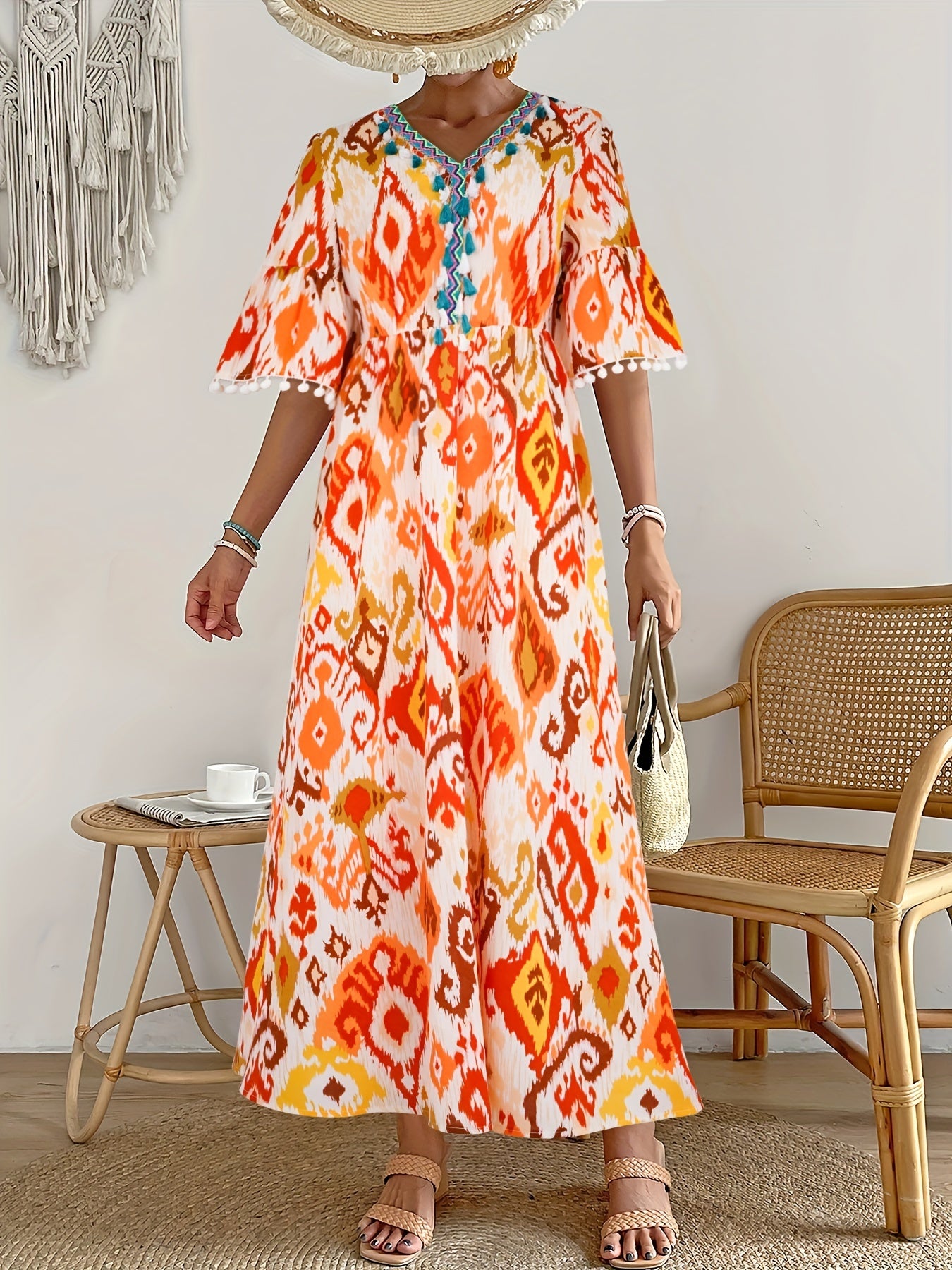 gbolsos Ikat Print Tassel Dress, Vacation V Neck High Waist Maxi Dress, Women's Clothing