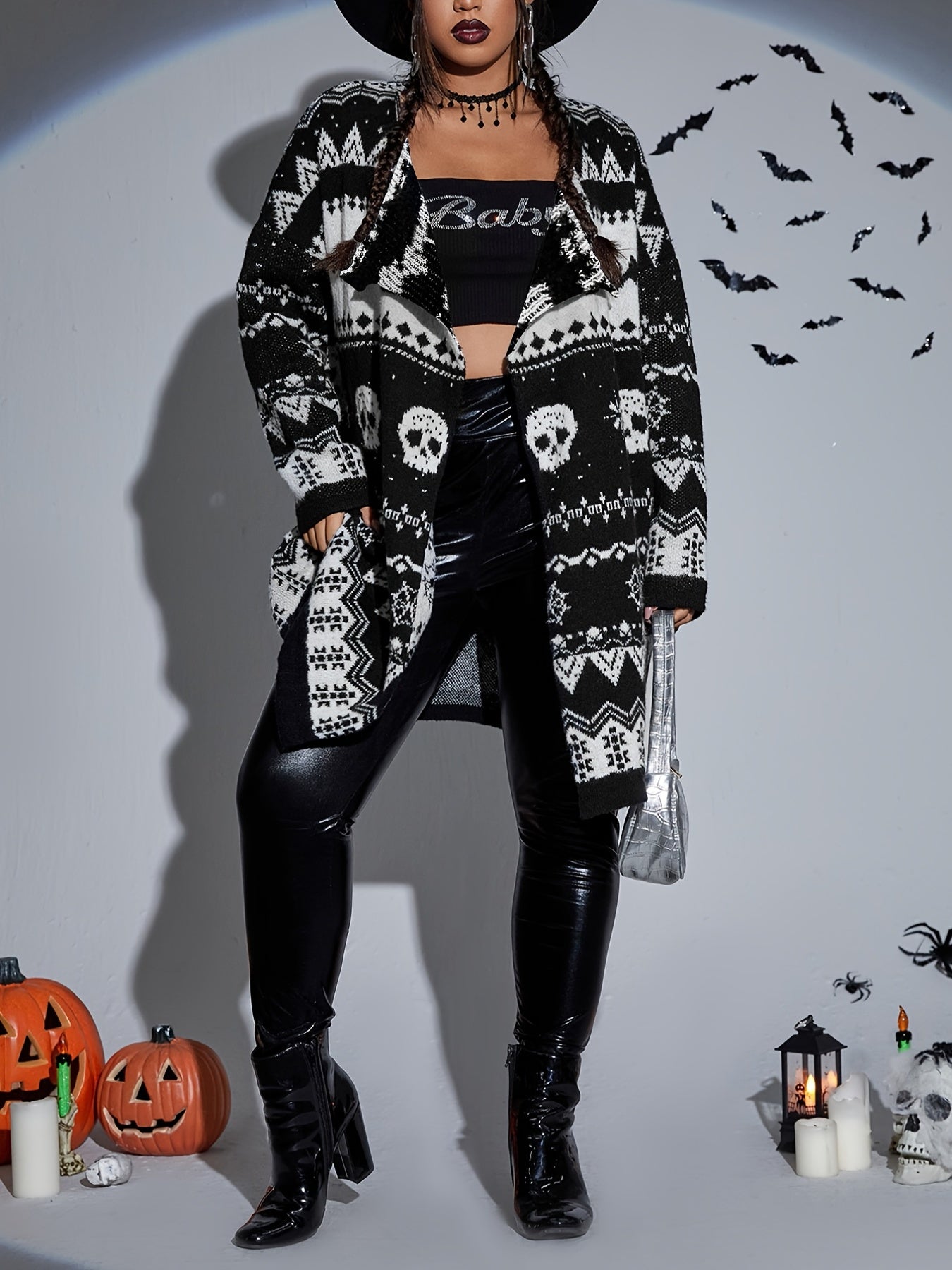 gbolsos Plus Size Halloween Retro Cardigan, Women's Plus Skull & Bat Patterned Long Sleeve Open Front Sweater Cardigan