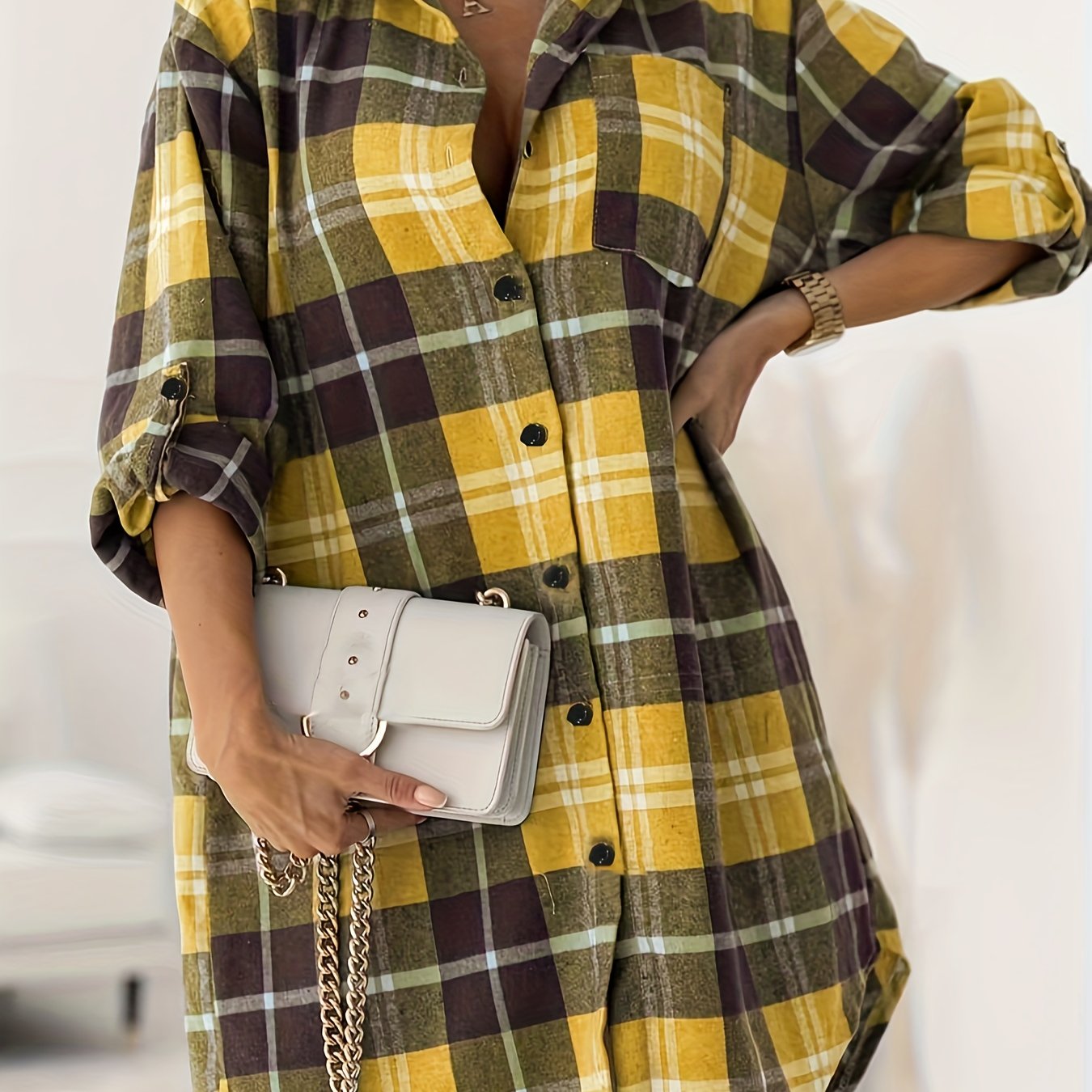 gbolsos Plus Size Casual Fall Oversized Shirt, Women's Plus Plaid Print Button Front Lapel Collar Long Shirt