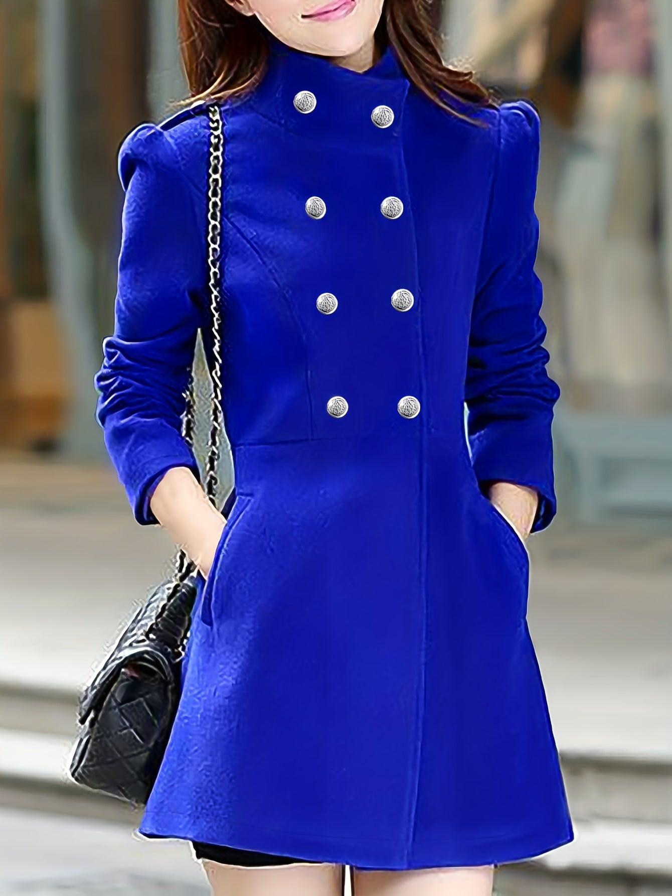 gbolsos Double Breasted Flared Hem Coat, Casual Solid Long Sleeve Outerwear, Women's Clothing