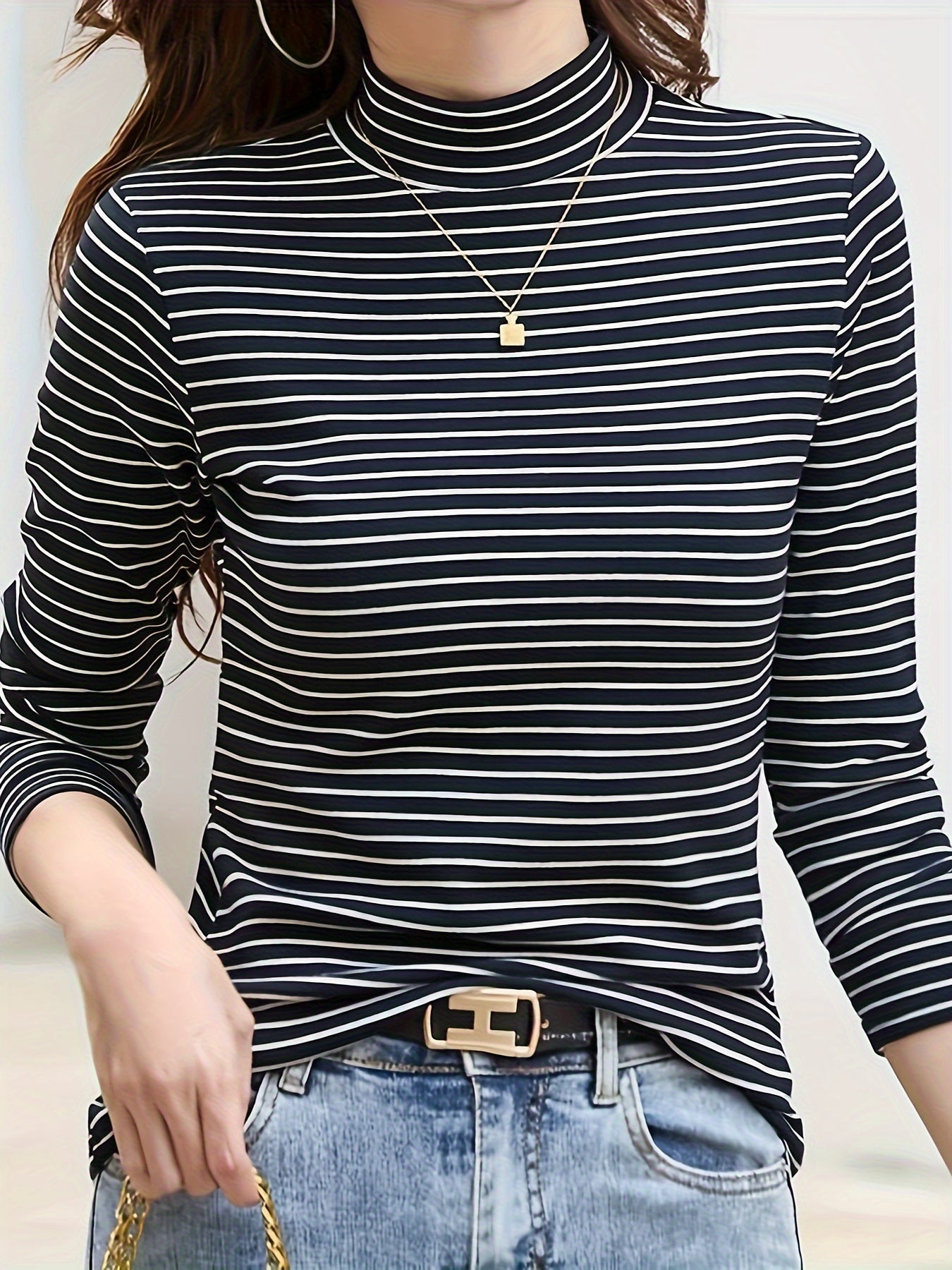 gbolsos Striped Mock Neck T-shirt, Casual Long Sleeve Top For Spring & Fall, Women's Clothing