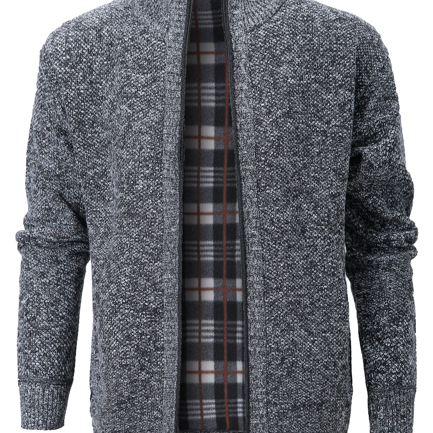 gbolsos Warm Zip Up Jacket Sweater, Men's Casual Lapel Mid Stretch Slant Pocket Solid Color Cardigan For Fall Winter
