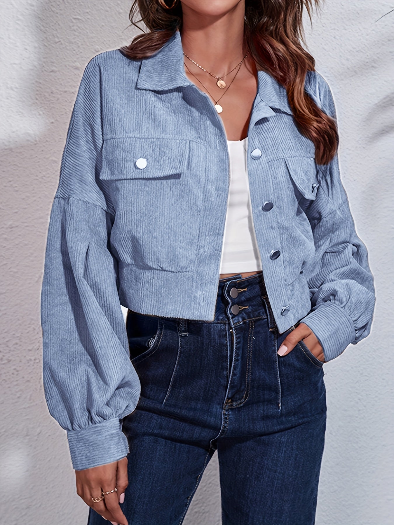 Solid Lantern Sleeve Ribbed Corduroy Cropped Jacket, Fashion Winter Coats, Women's Clothing