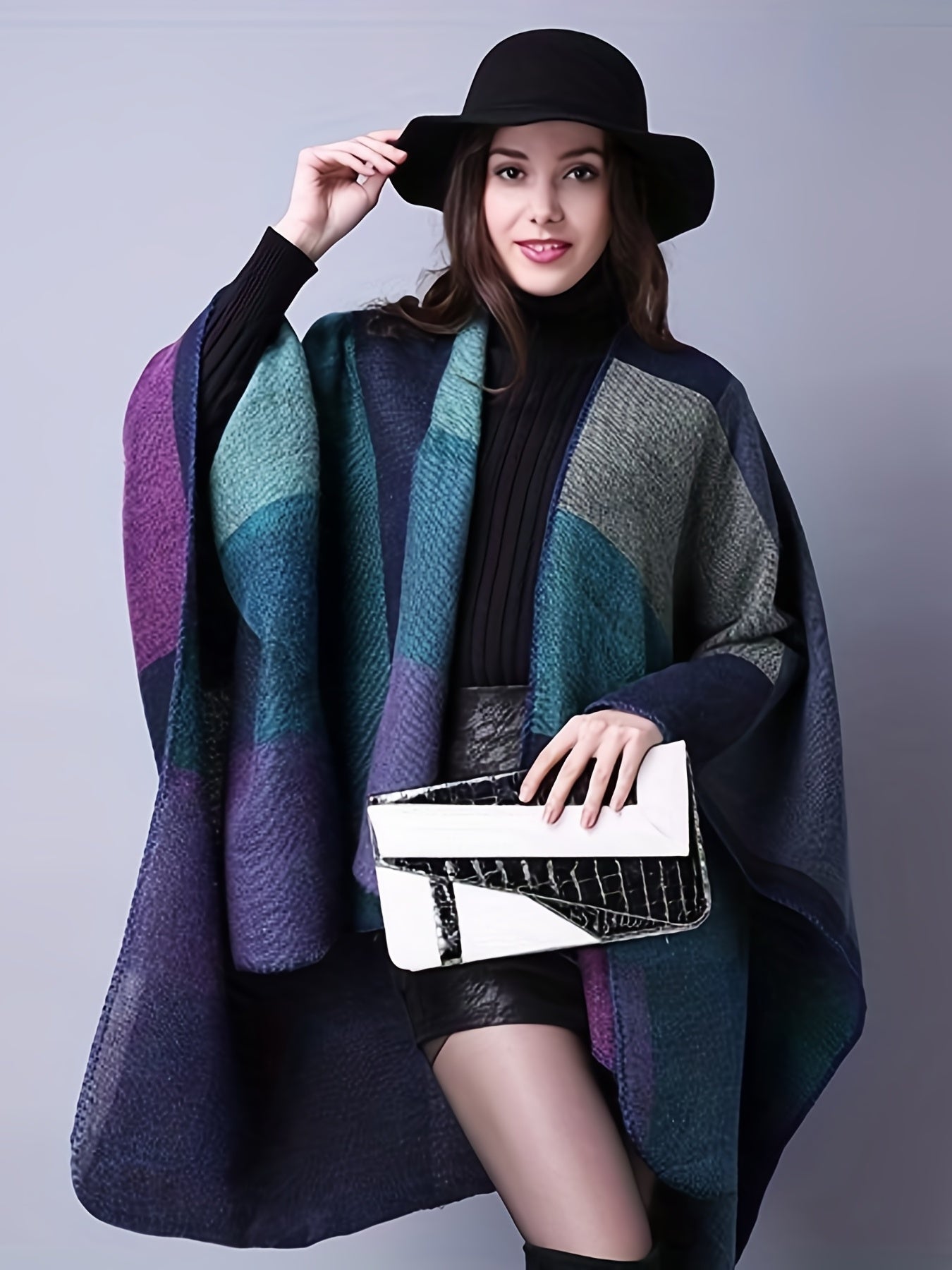 Plus Size Casual Coat, Women's Plus Colorblock Batwing Sleeve Open Front Slight Stretch Cape Coat