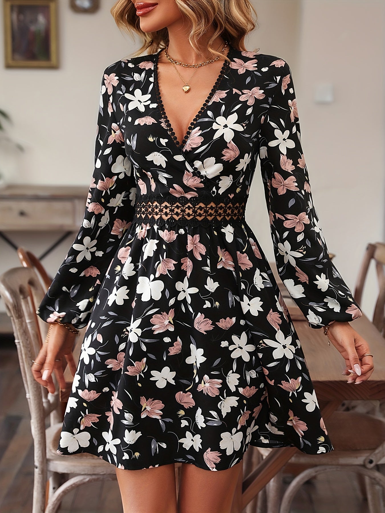 gbolsos Floral Print Surplice Neck Dress, Elegant Long Sleeve A Line Dress, Women's Clothing