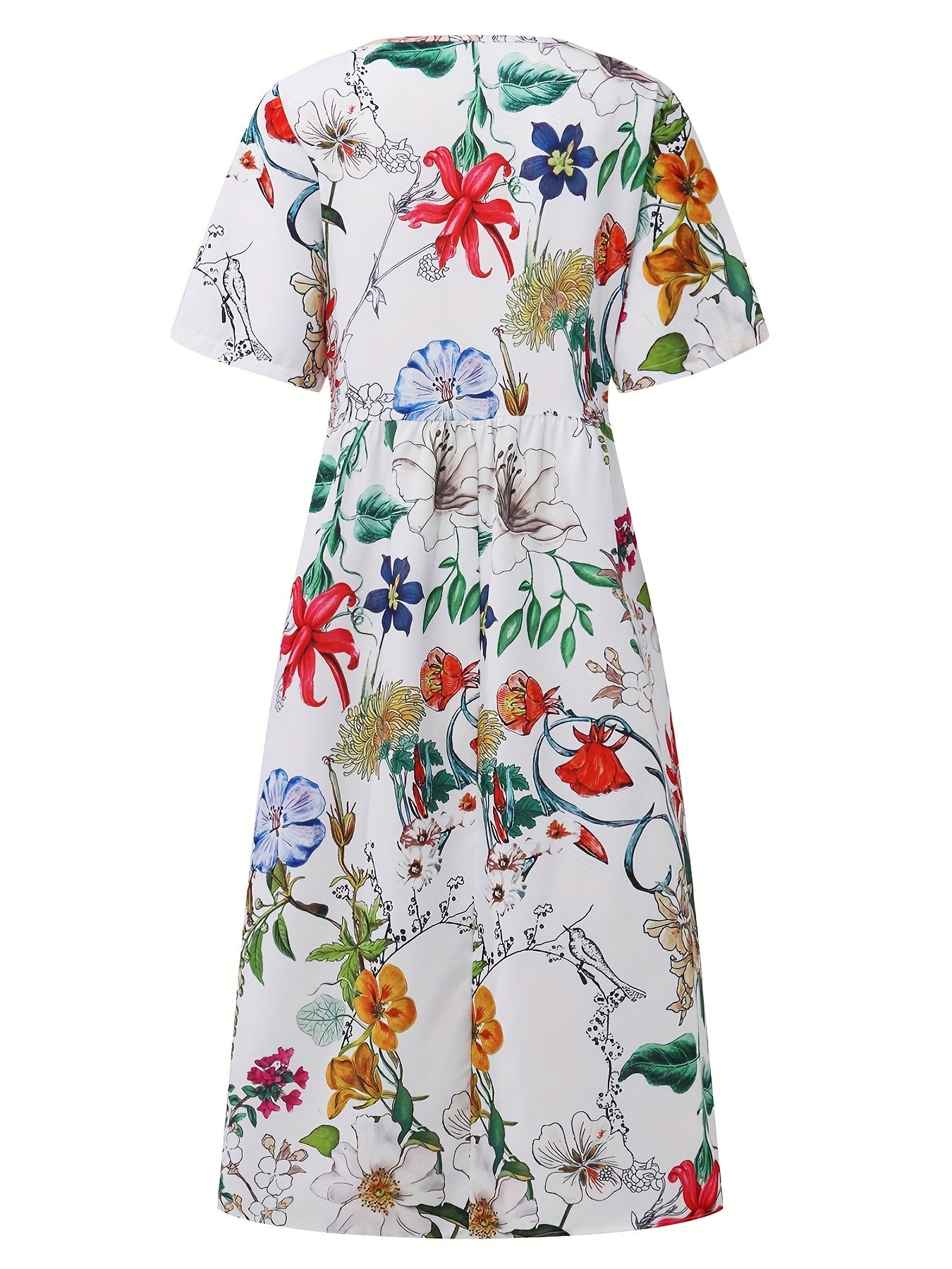 Floral Print Round Neck Dress, Casual Pocket Short Sleeve Beach High Waist Summer Dresses, Women's Clothing