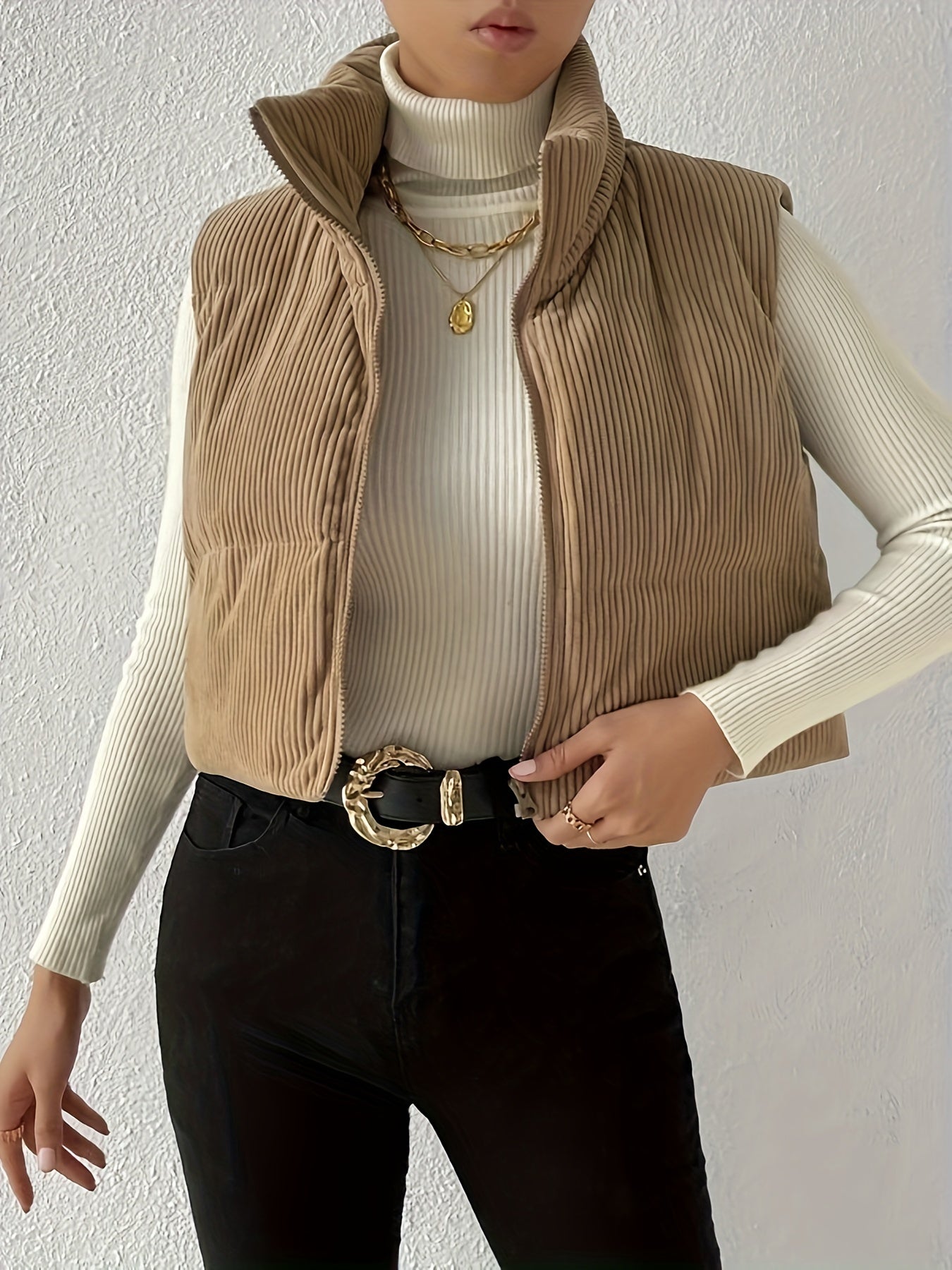 gbolsos Zip Up High Neck Vest, Casual Solid Simple Sleeveless Vest, Women's Clothing