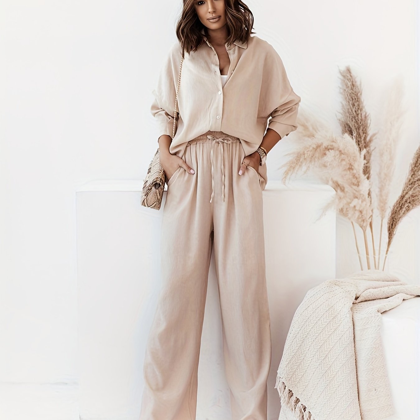 gbolsos Solid Casual Two-piece Set, Button Front Turn Down Collar Shirt & High Waist Wide Leg Pants Outfits, Women's Clothing
