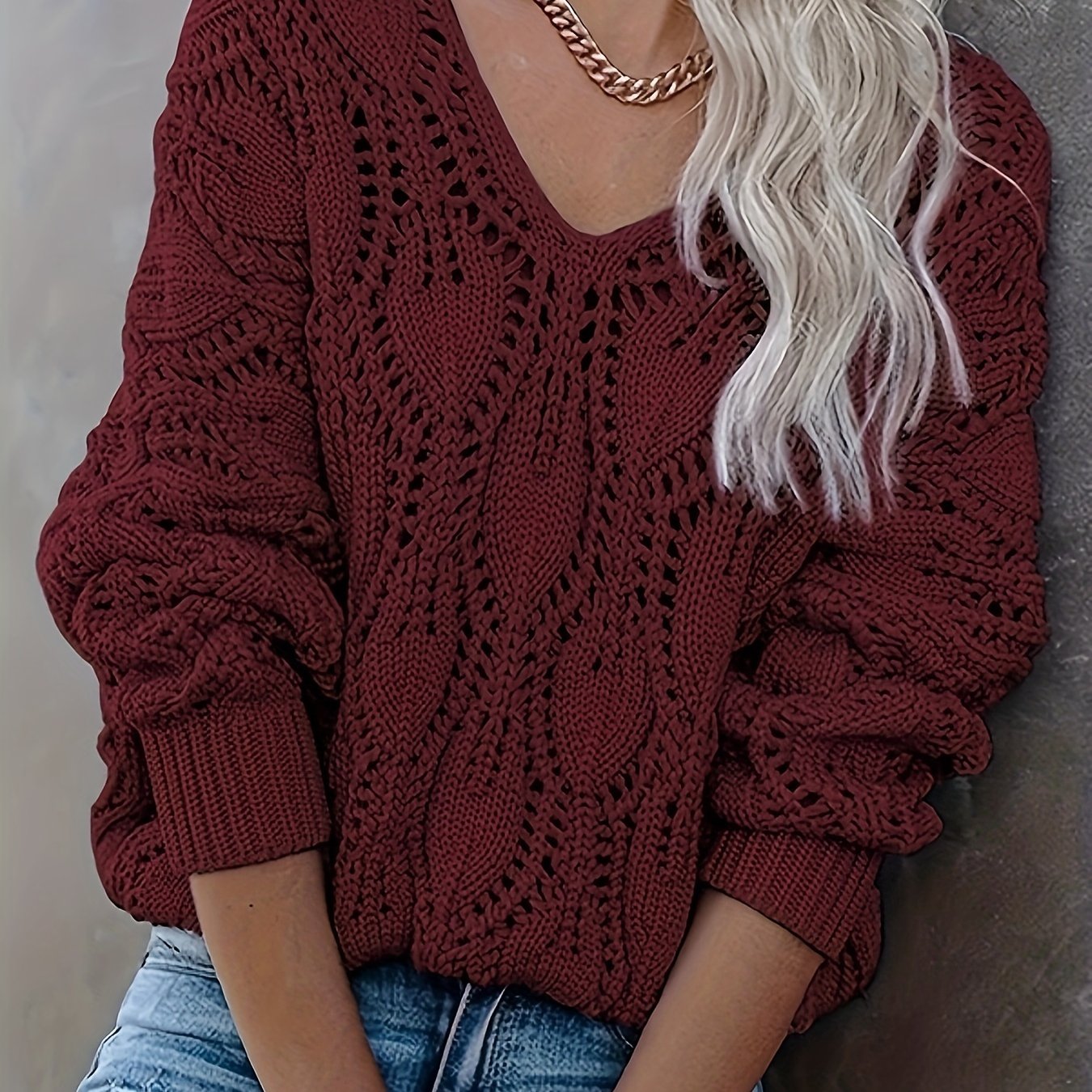 Cut Out V Neck Sweater, Casual Long Sleeve Sweater For Fall & Winter, Women's Clothing
