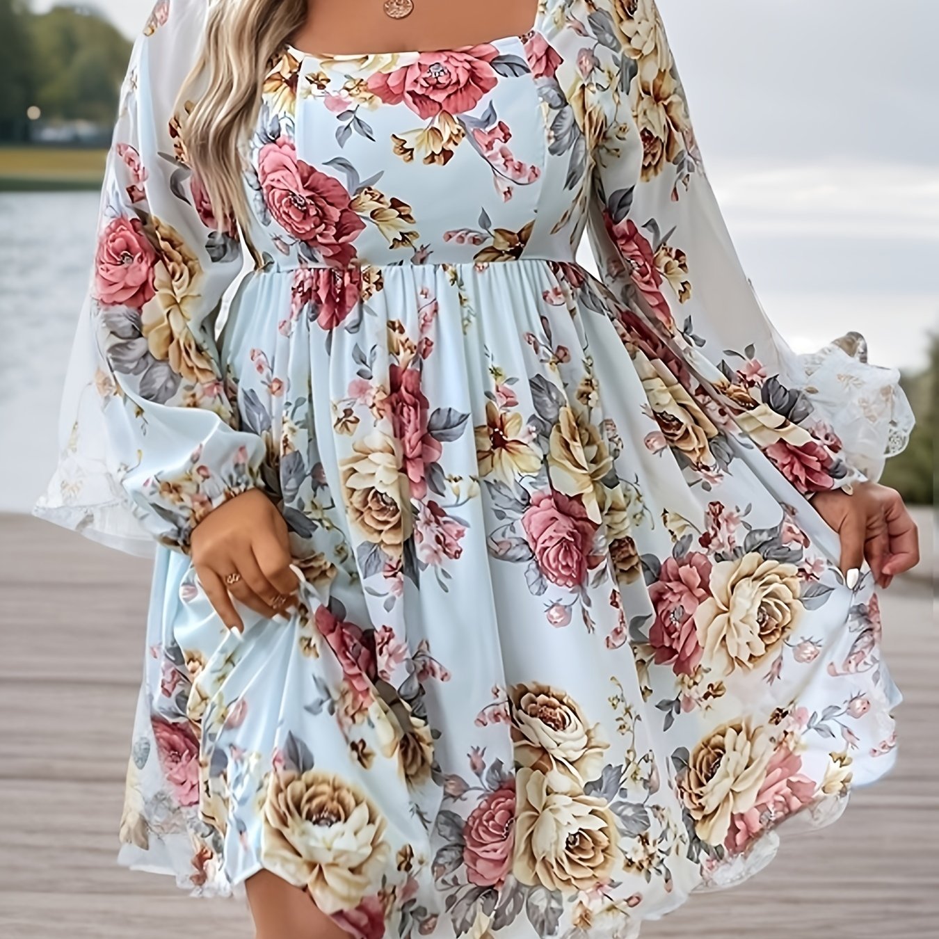 gbolsos Plus Size Elegant Dress, Women's Plus Shirred Ditsy Floral Print Lantern Sleeve Square Neck Nipped Waist Dress