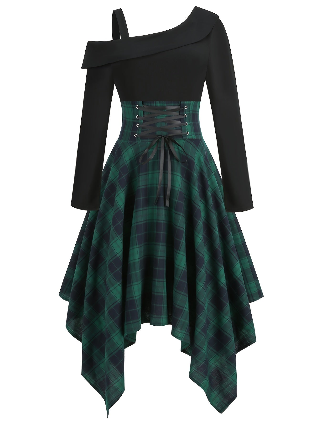 gbolsos Plaid Asymmetrical Hem Dress, Vintage Cold Shoulder Long Sleeve Dress, Women's Clothing