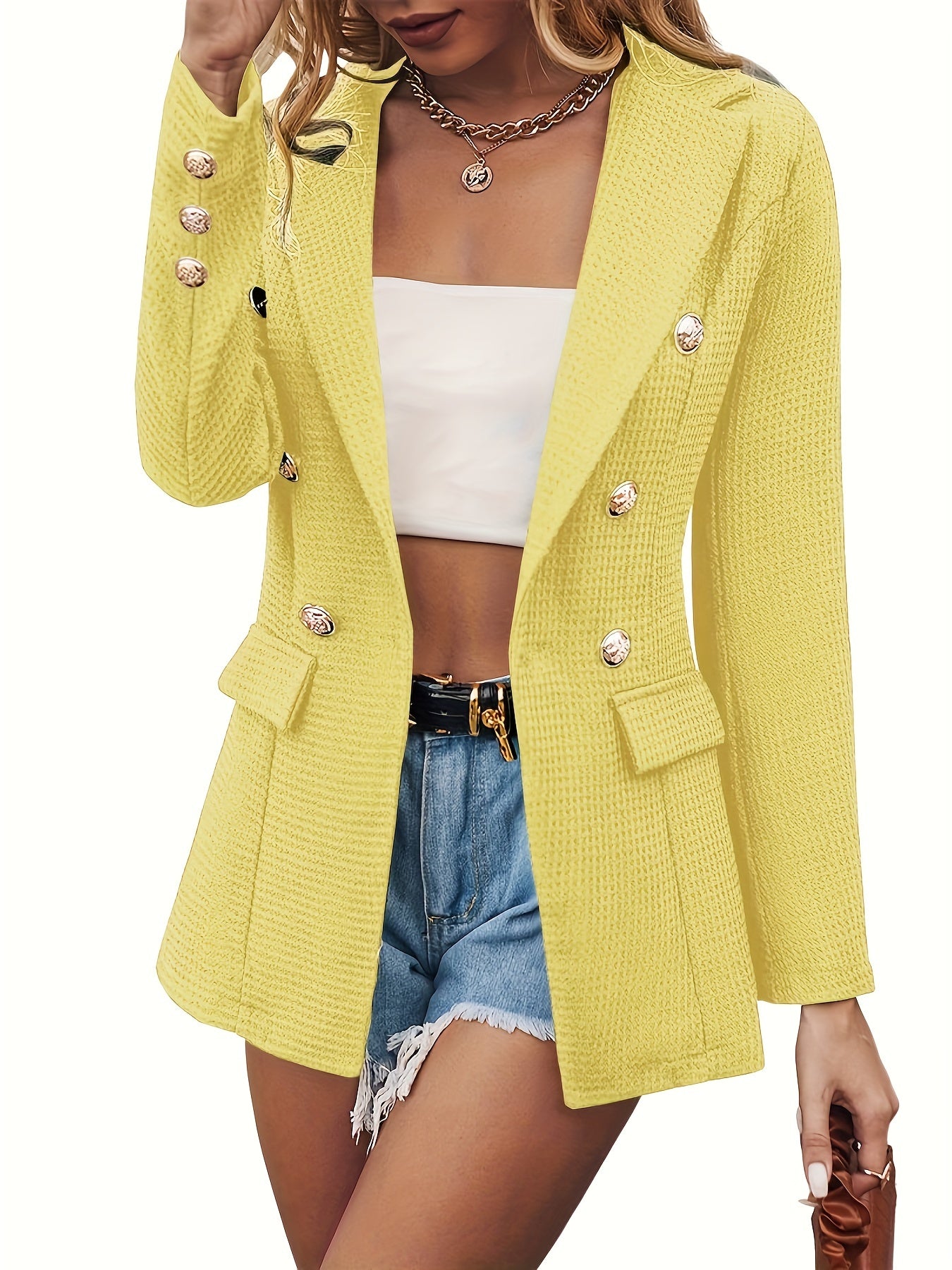 gbolsos Lapel Double Breasted Blazer, Elegant Long Sleeve Work Office Outerwear With Pockets, Women's Clothing