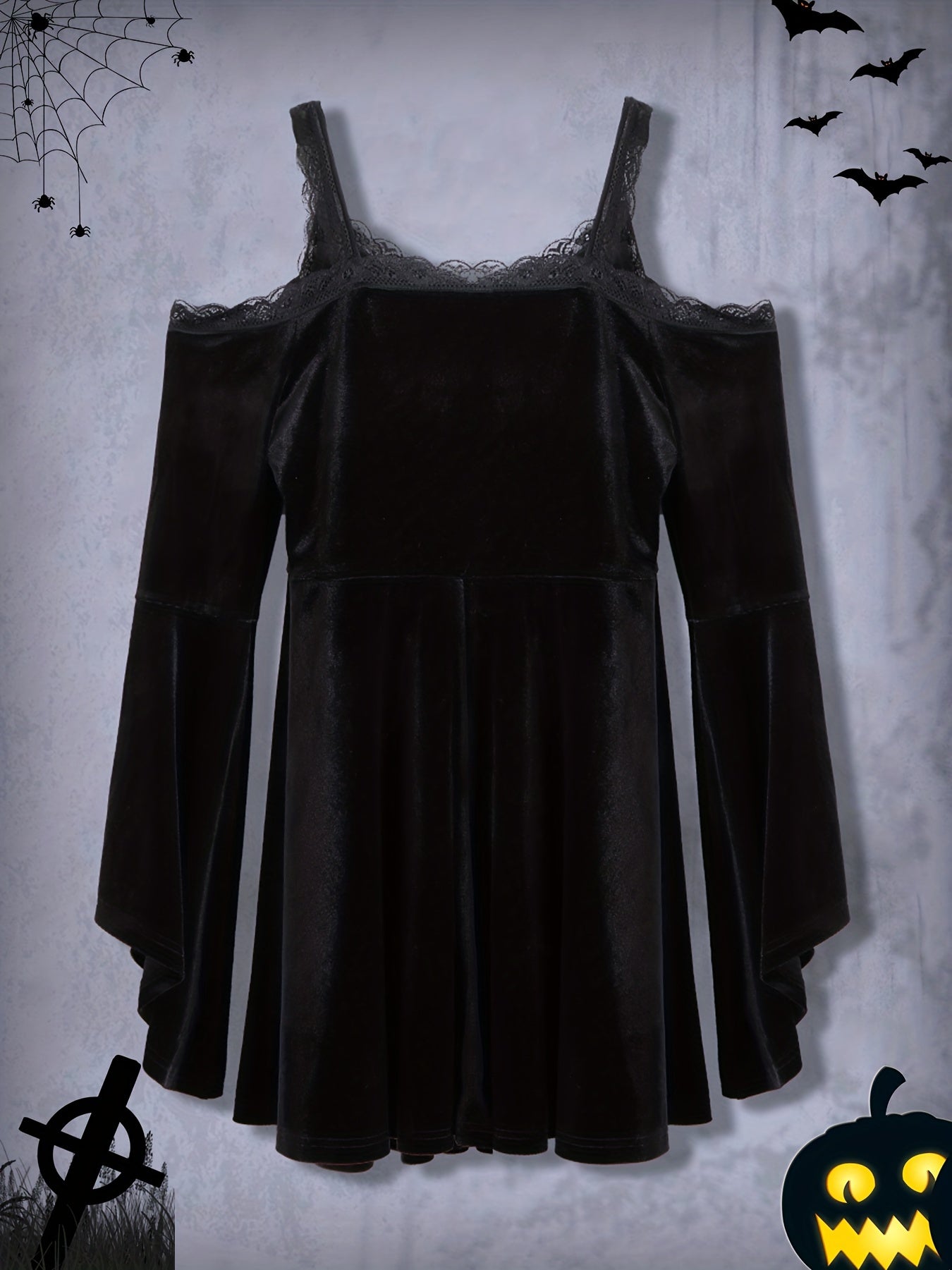 gbolsos Gothic Contrast Lace Dress, Vintage Cold Shoulder Solid Dress, Women's Clothing