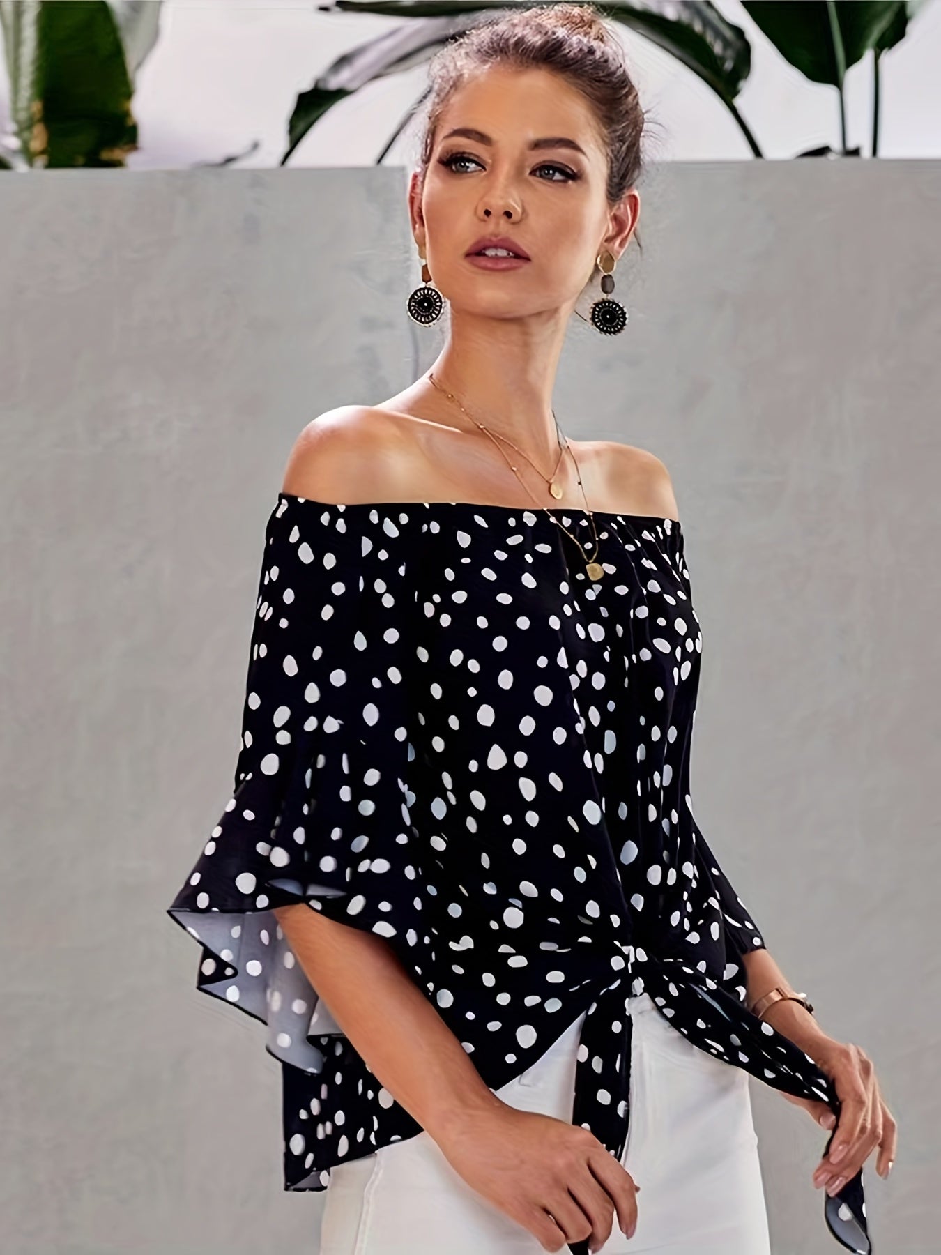 gbolsos Polka Dot Off Shoulder Tie Front Blouse, Sexy Bell Sleeve Blouse For Spring & Summer, Women's Clothing