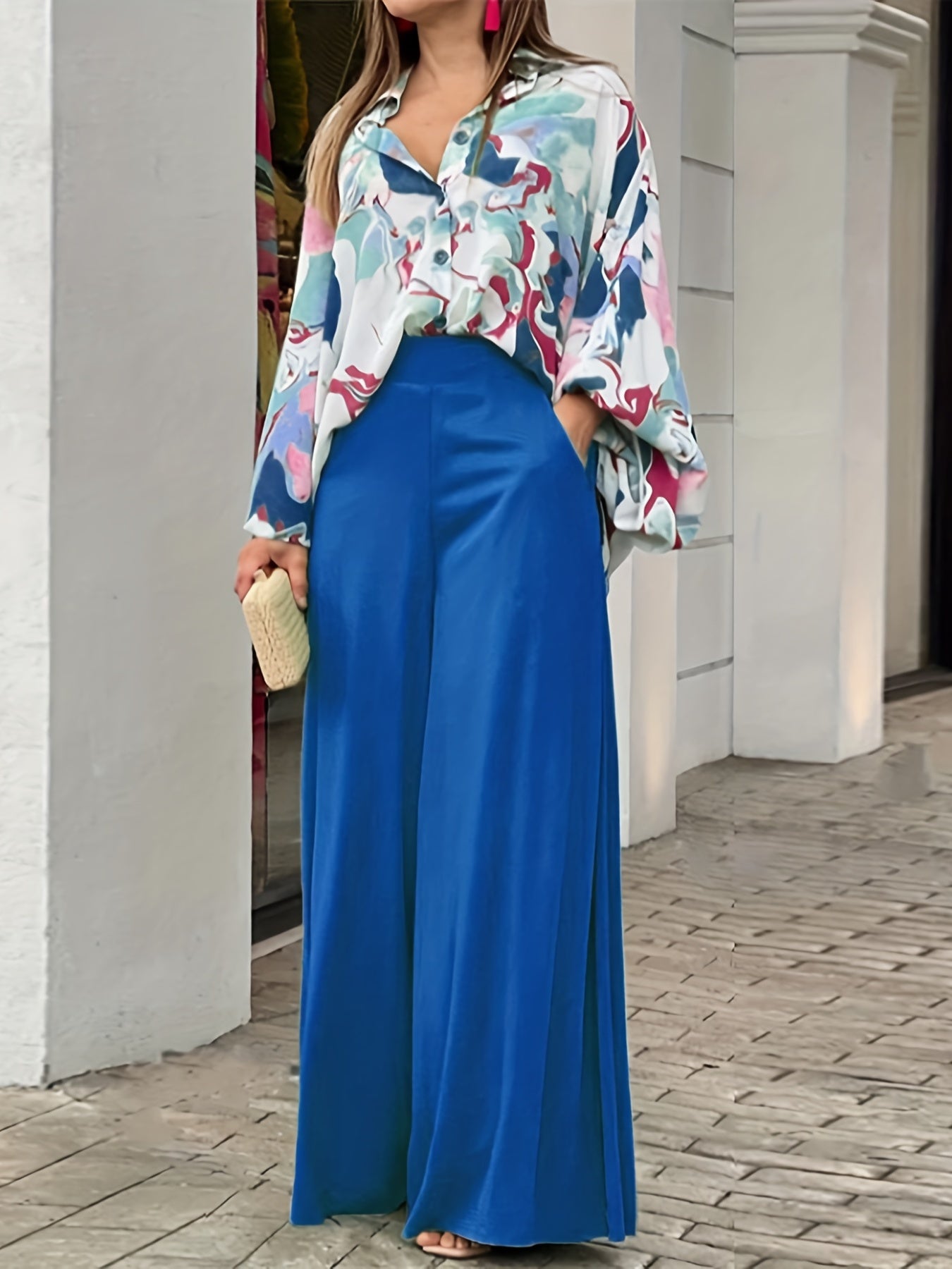 gbolsos Batwing Sleeve Tie Dye Blouse & High Waist Solid Pantsuits