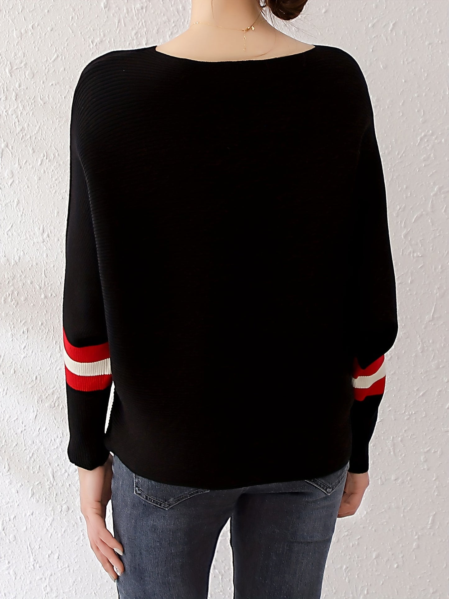 gbolsos Color Block Boat Neck Knit Sweater, Elegant Long Sleeve Sweater, Women's Clothing