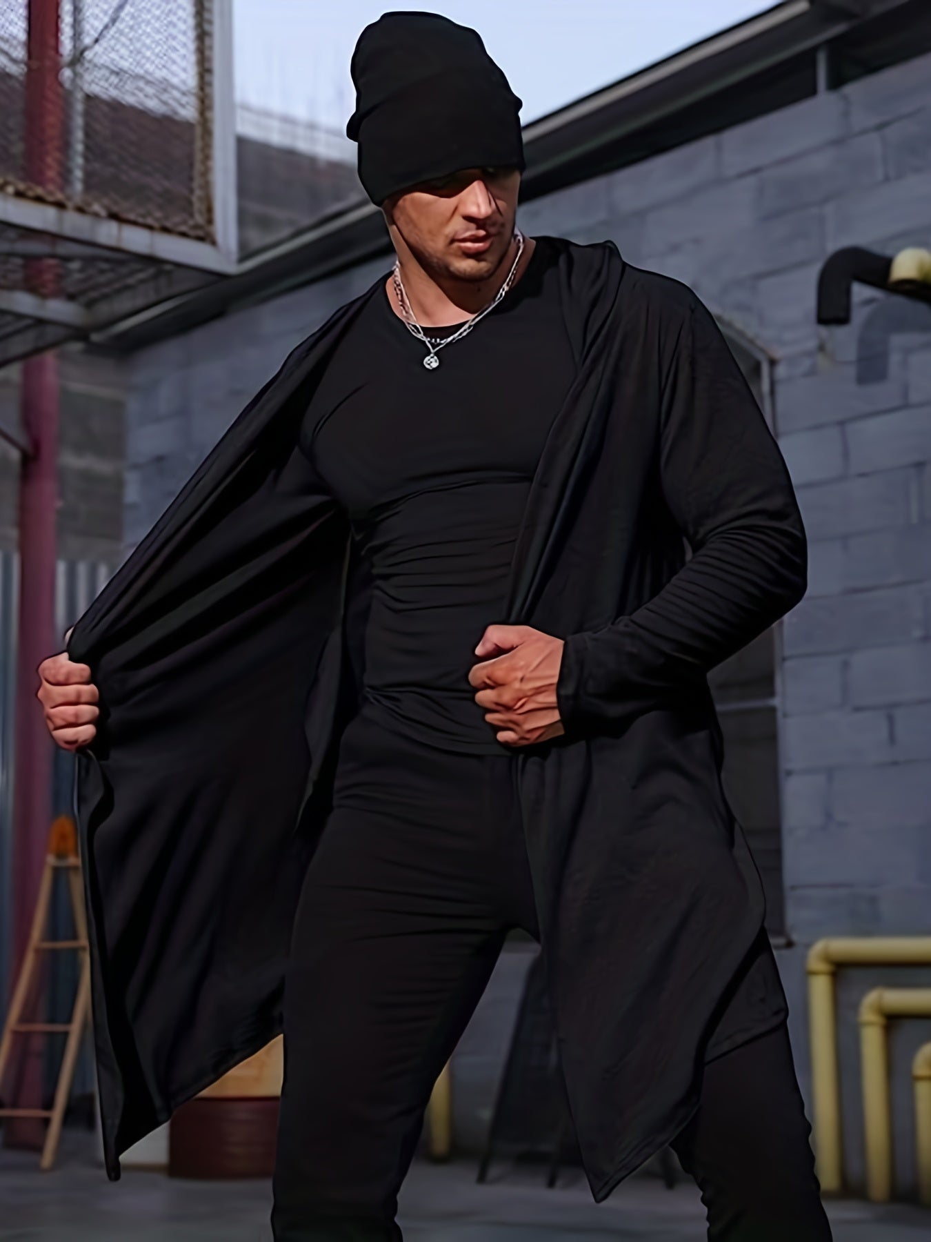 gbolsos Men's Hip Hop Hooded Cardigan With Solid Color, Casual Draped Long Sleeve Coat With Hooded Cloak & Asymmetrical Hem For Male, Plus Size