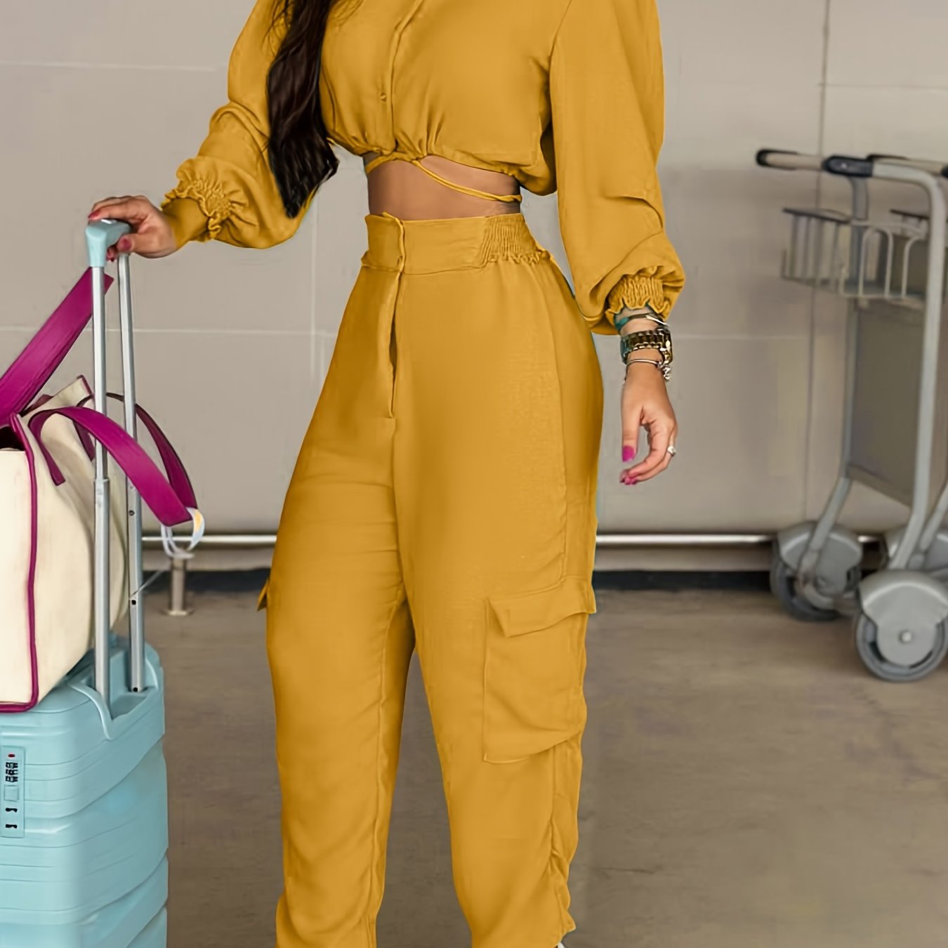 gbolsos Solid Casual Two-piece Set, Button Front Long Sleeve Tops & High Waist Pants Outfits, Women's Clothing