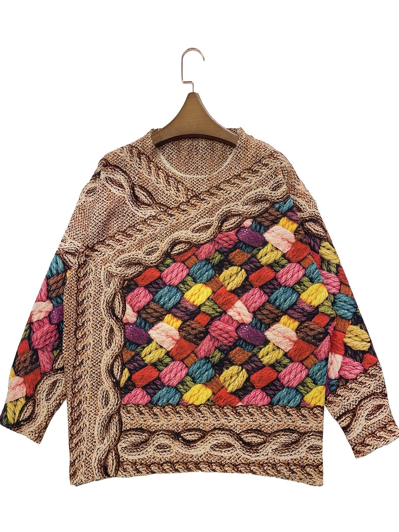 gbolsos FULL PRINTED Thin Sweater, Casual Long Sleeve Sweater For Spring & Fall, Women's Clothing