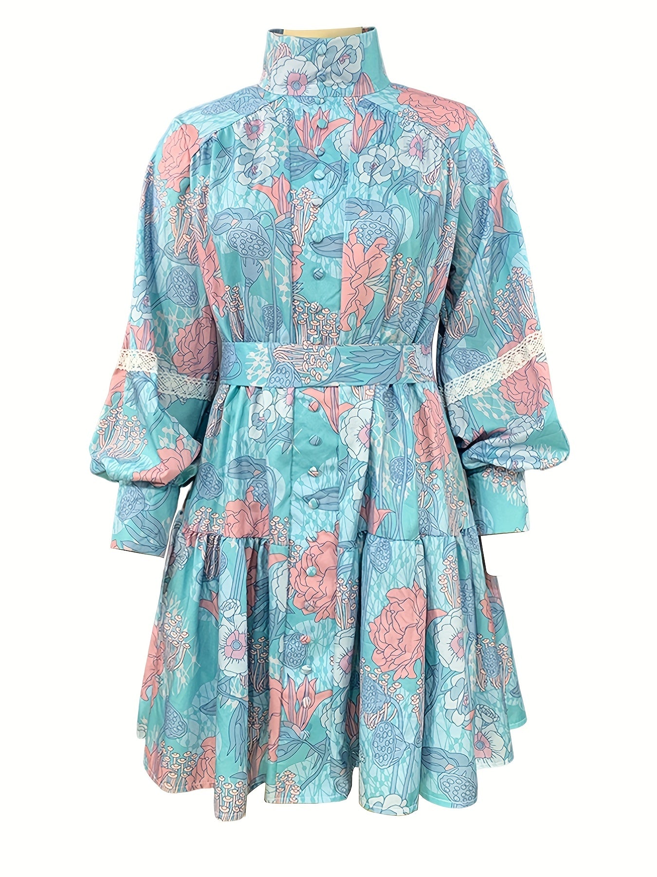 gbolsos Floral Print Button Front Dress, Elegant Pleated Long Sleeve High Collar Summer Dress, Women's Clothing