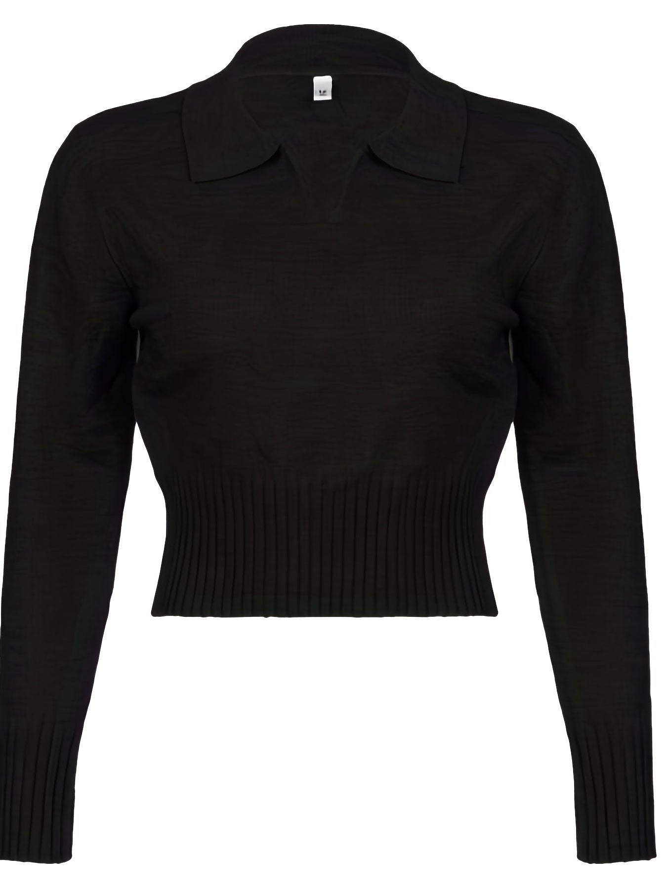 gbolsos Solid Notched Collar Pullover Sweater, Casual Long Sleeve Crop Sweater For Spring & Fall, Women's Clothing