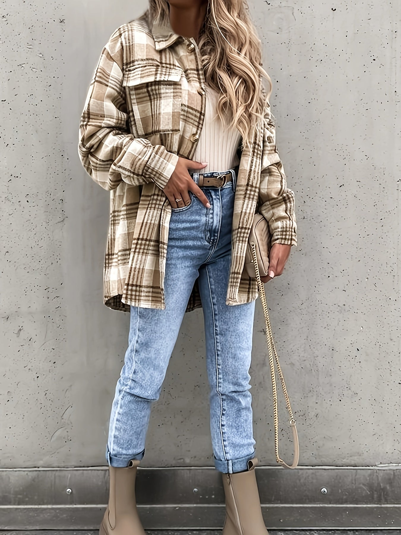 gbolsos Preppy Button Plaid Drop Shoulder Jacket, Casual Long Sleeve Jacket For Fall & Winter, Women's Clothing