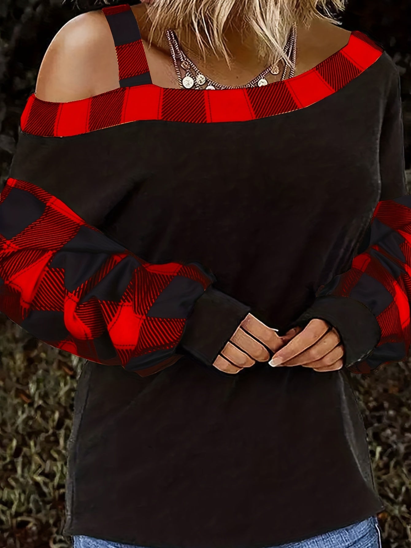 Plus Size Casual Top, Women's Plus Colorblock Gingham Print One Shoulder Long Sleeve Top