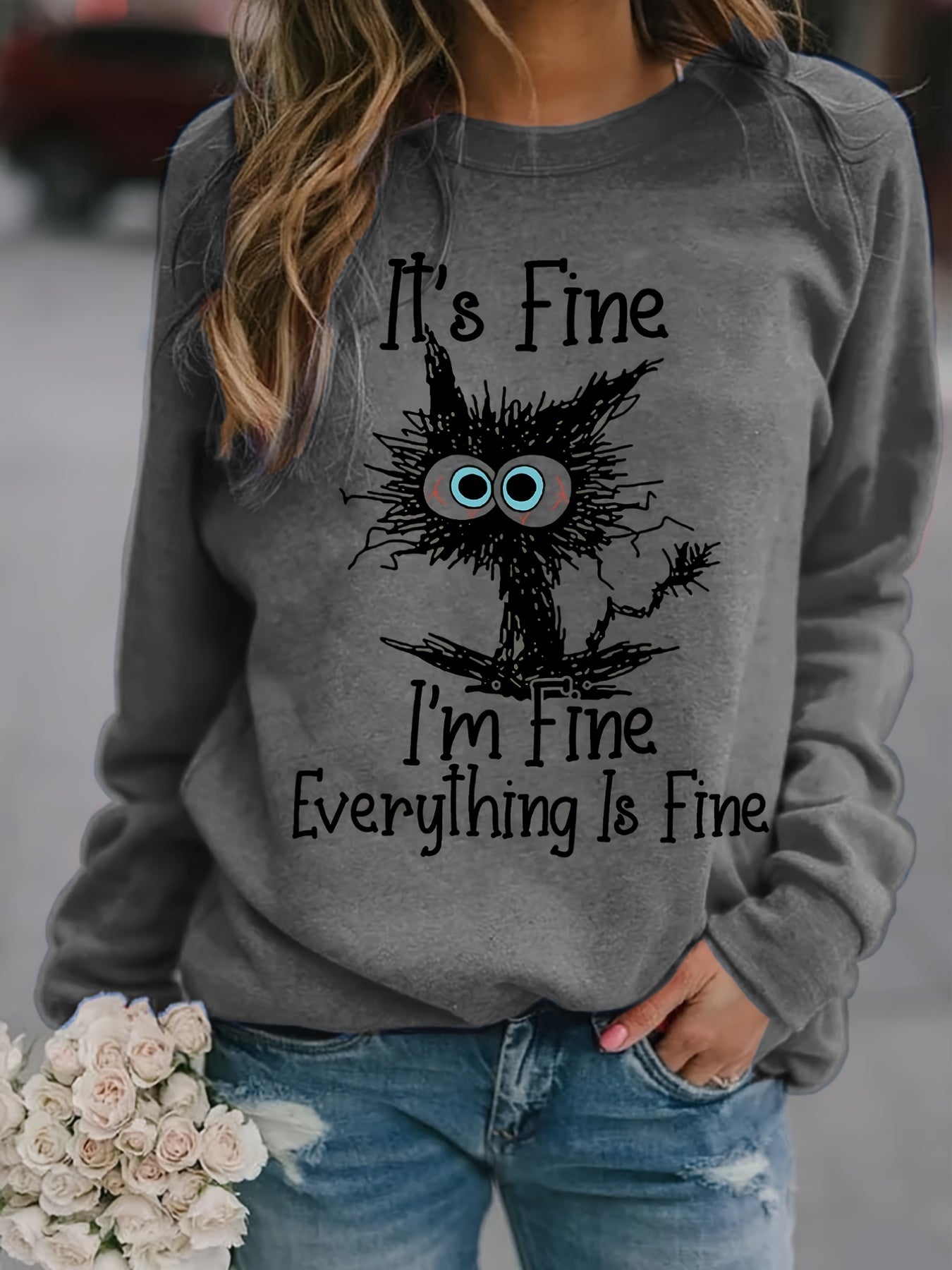 gbolsos It's Fine Cartoon Cat Print Sweatshirt, Long Sleeve Crew Neck Casual Sweatshirt For Winter & Fall, Women's Clothing