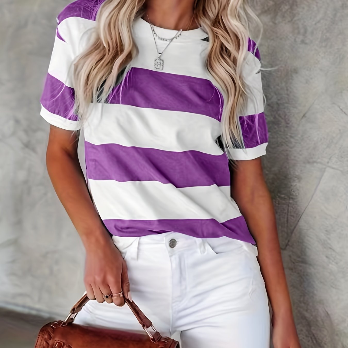 gbolsos Short Sleeve Striped T-Shirt, Crew Neck Casual Top For Summer & Spring, Women's Clothing
