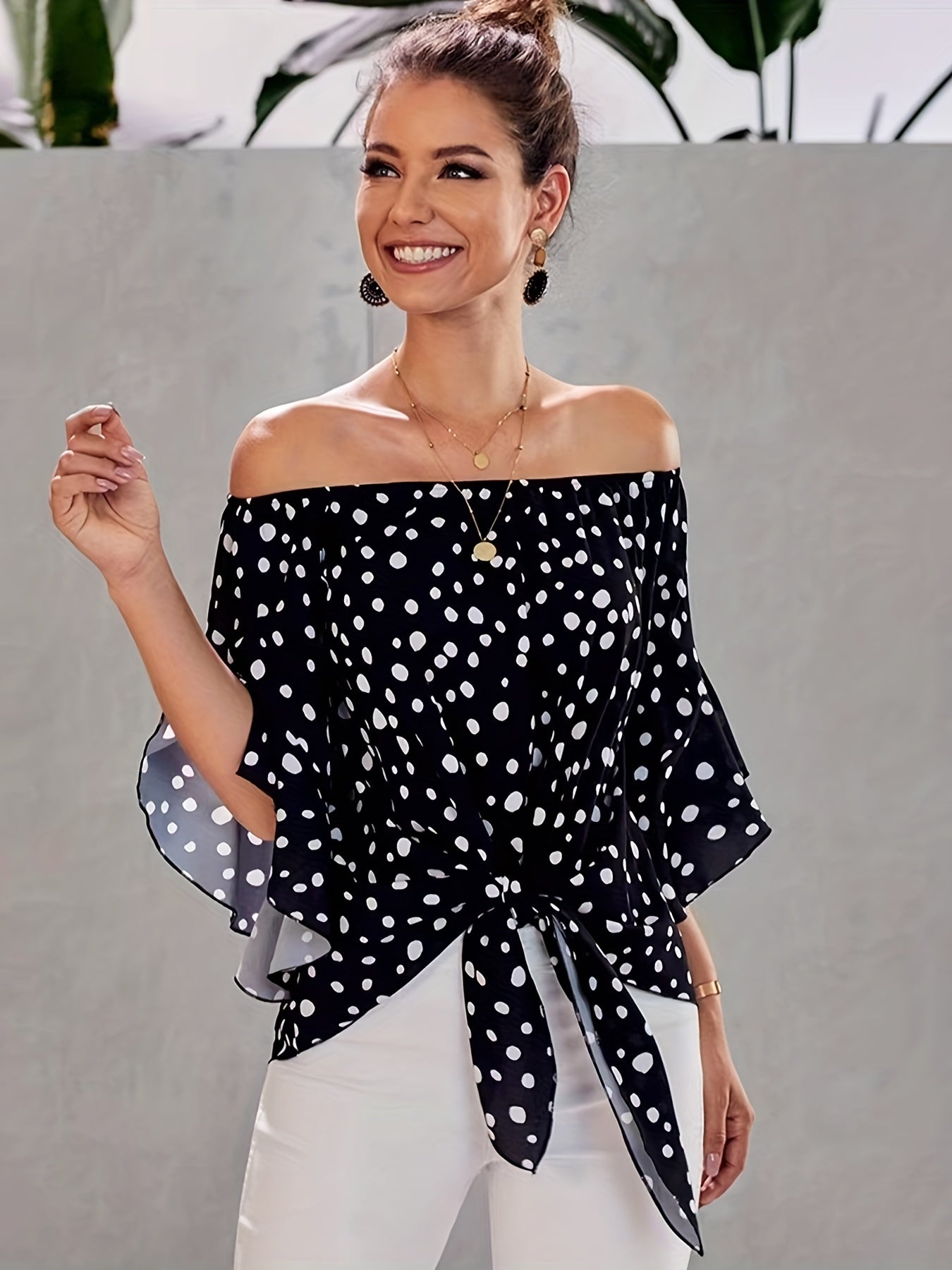 gbolsos Polka Dot Off Shoulder Tie Front Blouse, Sexy Bell Sleeve Blouse For Spring & Summer, Women's Clothing
