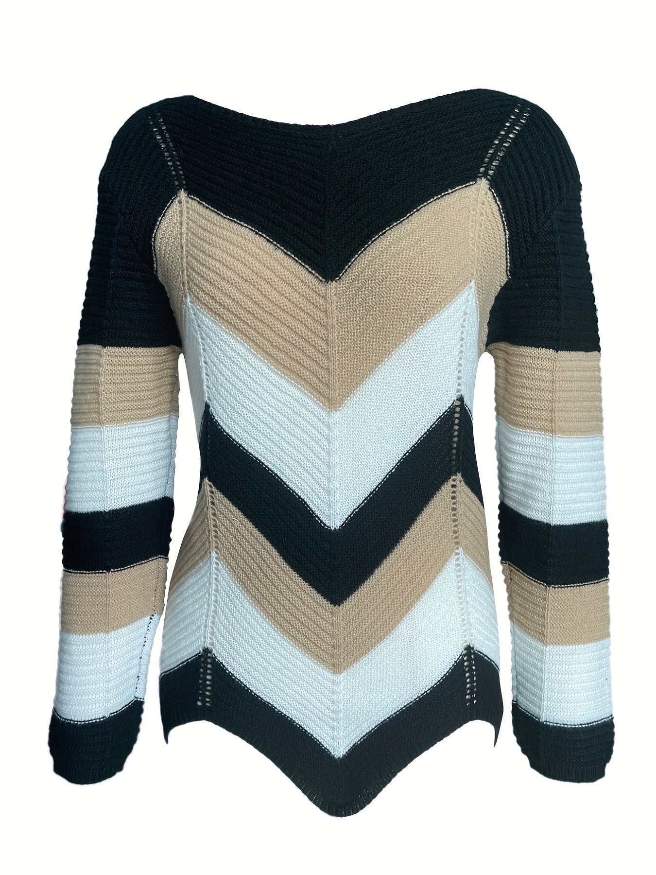 gbolsos Hollow Color Block Knit Sweater, Casual Versatile Long Sleeve Sweater, Women's Clothing