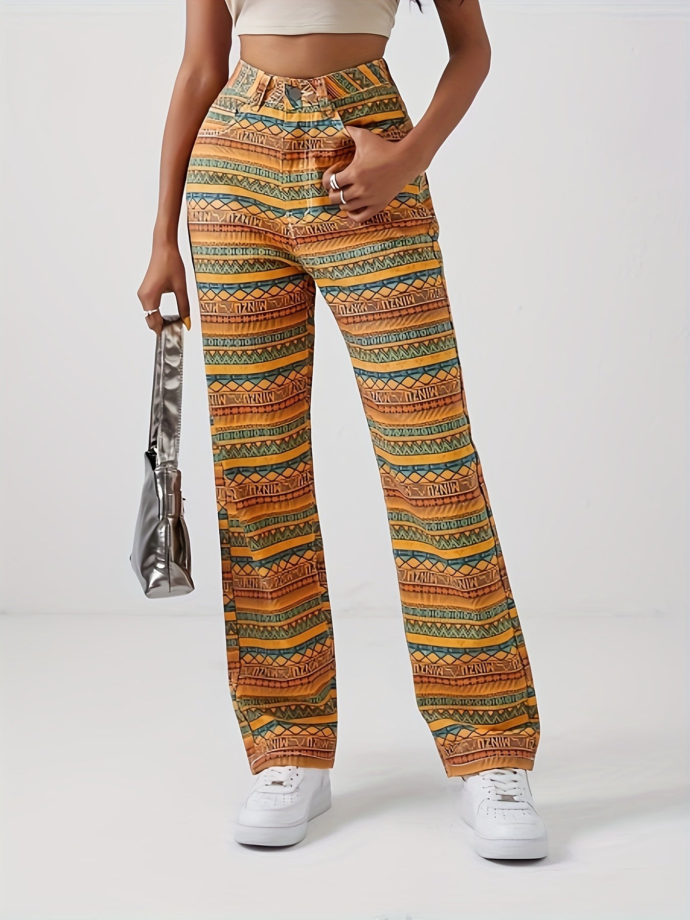 gbolsos Geometric Striped Print Straight Jeans, Loose Fit Non-Stretch Street Style Denim Pants, Women's Denim Jeans & Clothing