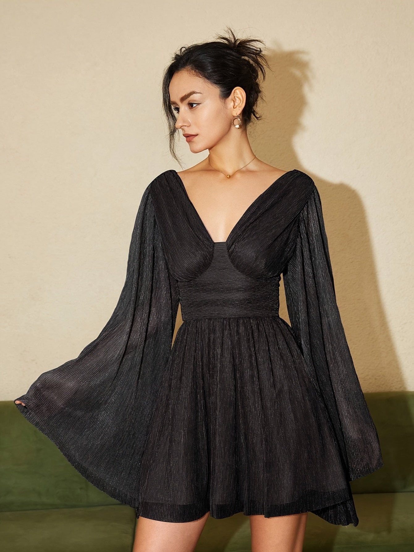 gbolsos Solid Deep V-neck Ruffle Dress, Elegant Flare Sleeve Slim Cut Out Dress For Spring & Fall, Women's Clothing
