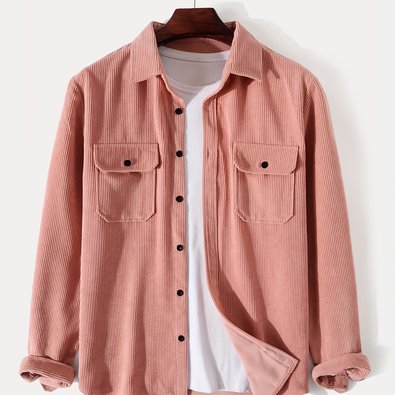 gbolsos Men's Retro Corduroy Shirt Top Turn-Down Collar Long Sleeve Closure Regular Fit Solid Male Casual Shirt For Daily