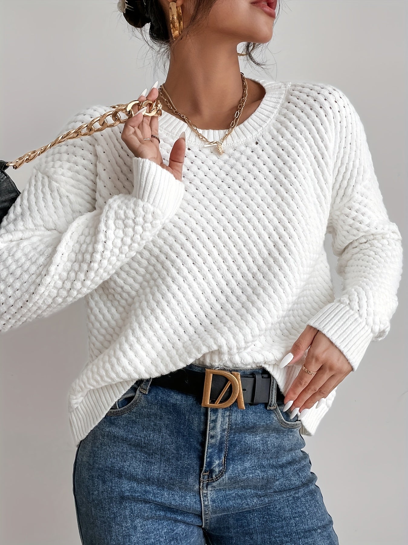 gbolsos Solid Crew Neck Pullover Sweater, Casual Long Sleeve Comfy Sweater, Women's Clothing