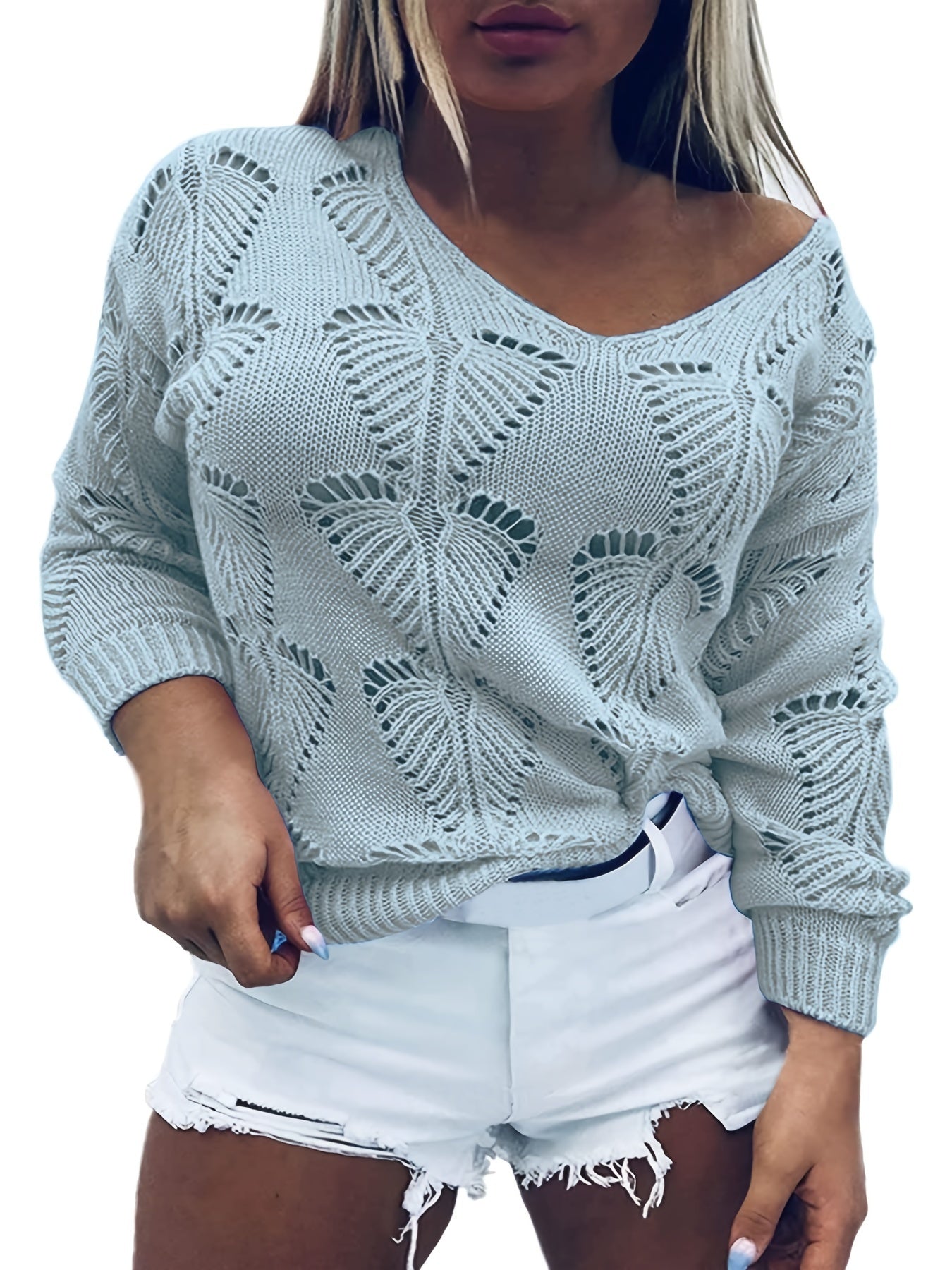 gbolsos Hollow Solid Knit Sweater, Casual V Neck Long Sleeve Sweater, Women's Clothing