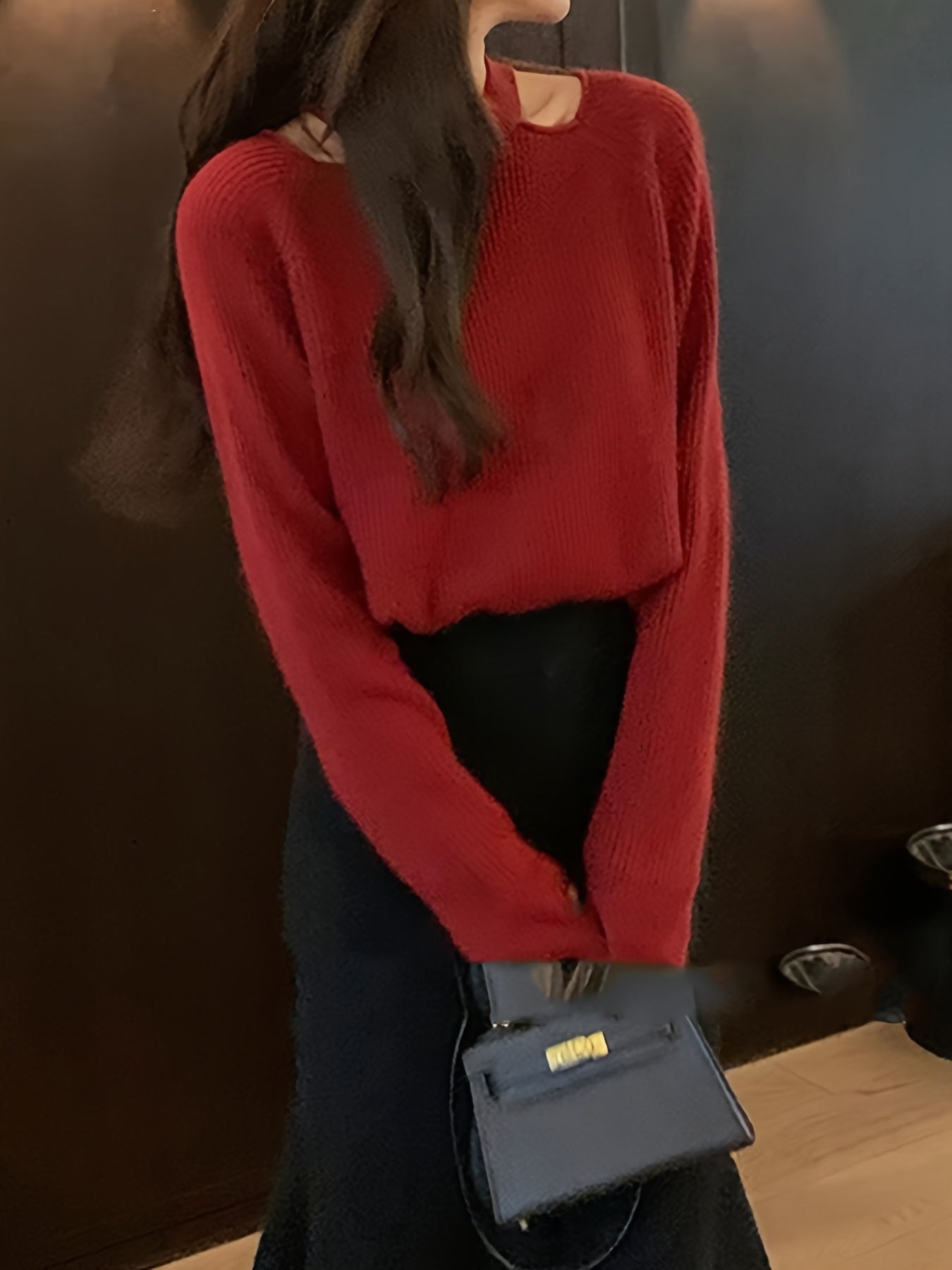 gbolsos Solid Mock Neck Pullover Sweater, Casual Cold Shoulder Long Sleeve Loose Sweater, Women's Clothing