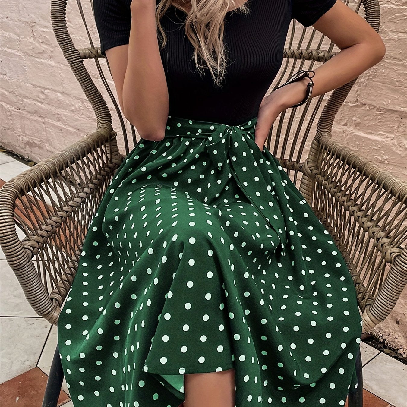 Polka Dot Print Splicing Dress, Casual Crew Neck Short Sleeve Dress, Women's Clothing