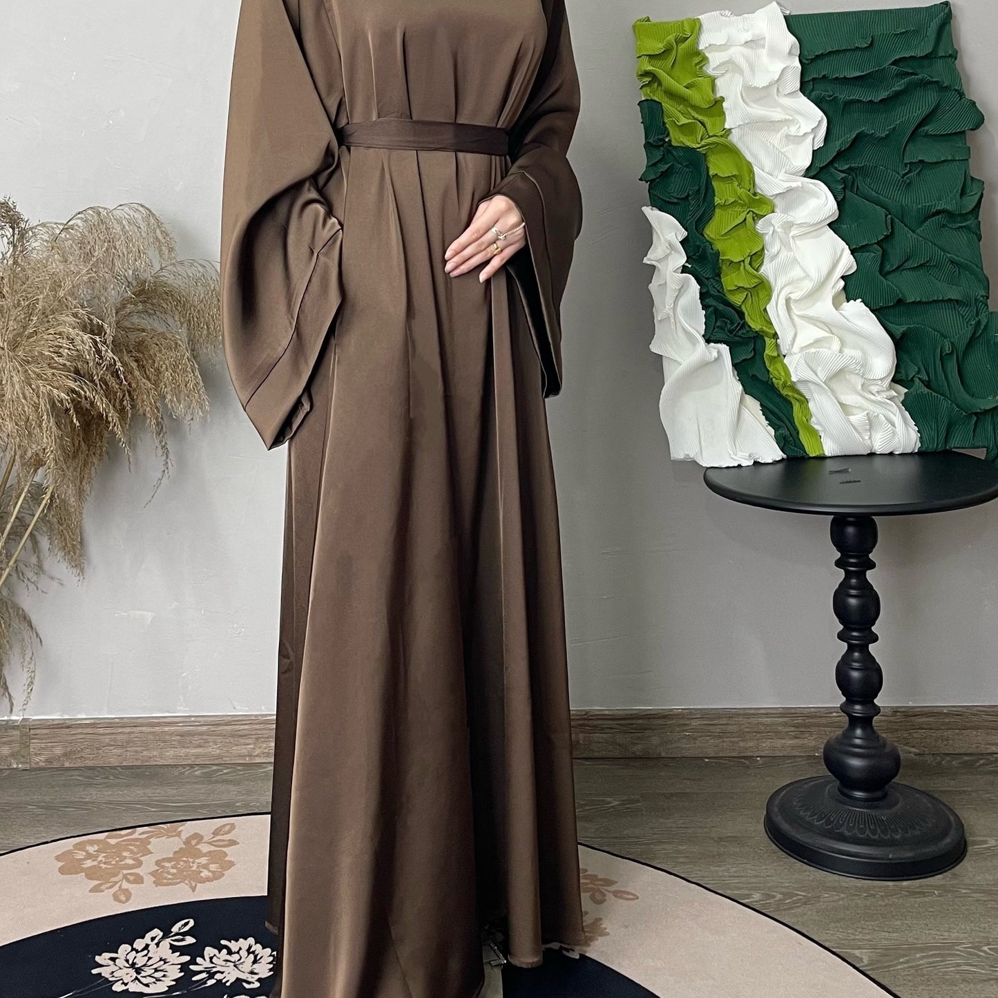 Solid Maxi Kaftan Abaya, Modest Crew Neck Long Sleeve Abaya, Women's Clothing