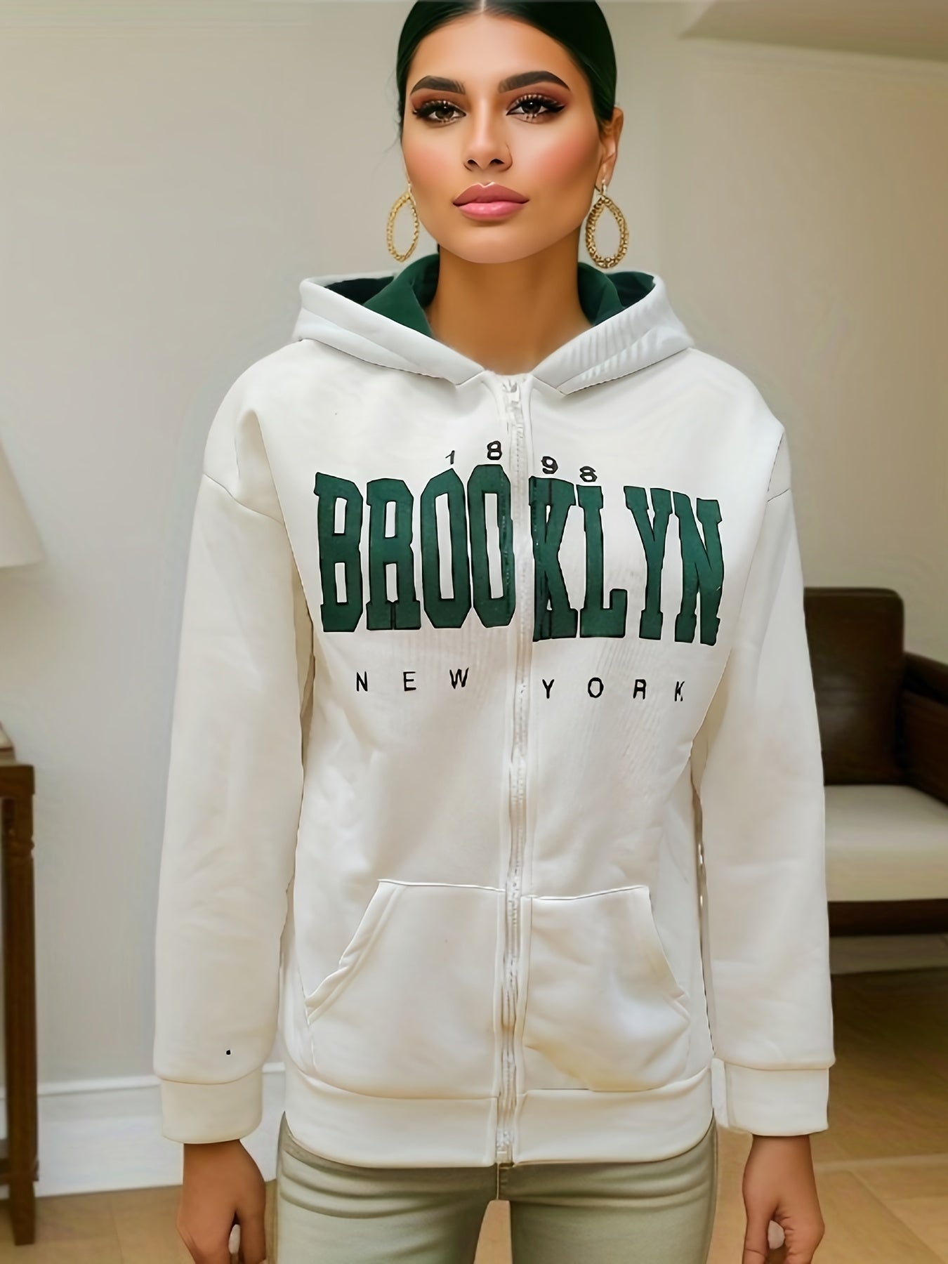 gbolsos Letter Print Zip Up Hoodie, Casual Long Sleeve Hoodies Sweatshirt, Women's Clothing