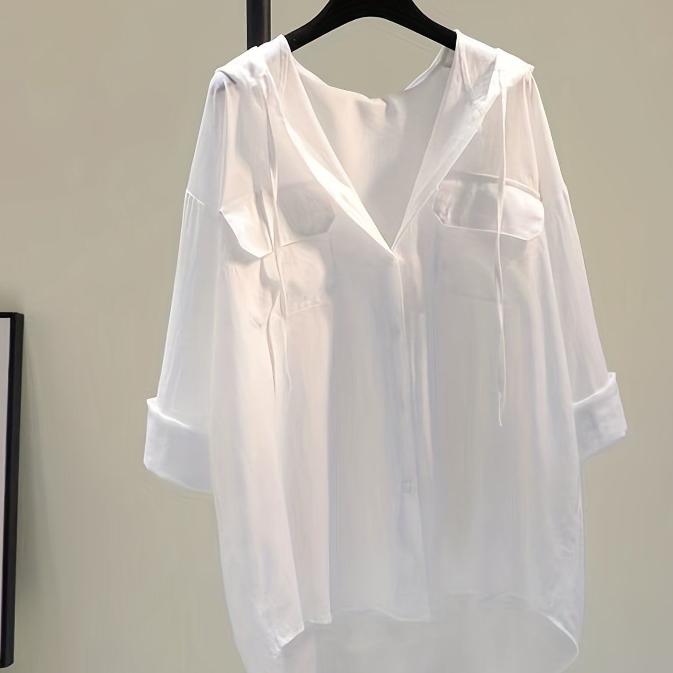 gbolsos Solid Pocket Button Hooded Blouse, Casual Drawstring Blouse For Spring & Summer, Women's Clothing