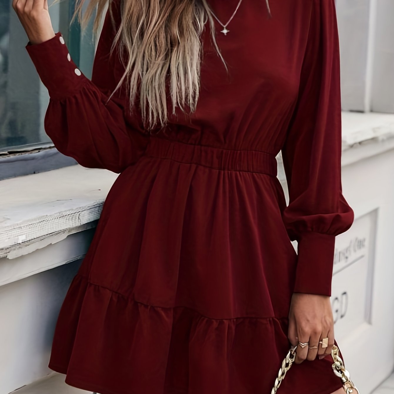gbolsos Ruffle Hem Solid Dress, Elegant Keyhole Crew Neck Long Sleeve Dress, Women's Clothing