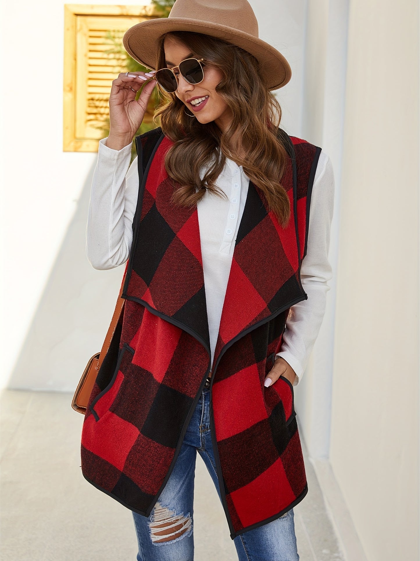 gbolsos Waterfall Collar Sleeveless Vest, Casual Open Front Sleeveless Vest With Pockets, Women's Clothing