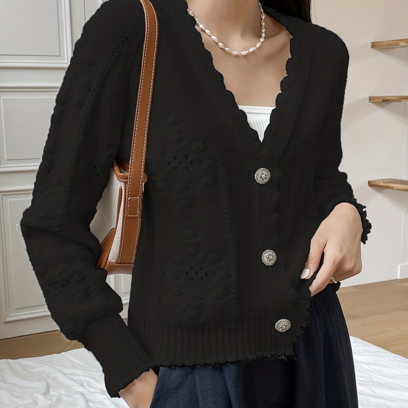 gbolsos V Neck Loose Cardigans, Casual Solid Drop Shoulder Long Sleeve Spring Fall Knit Cardigan, Women's Clothing
