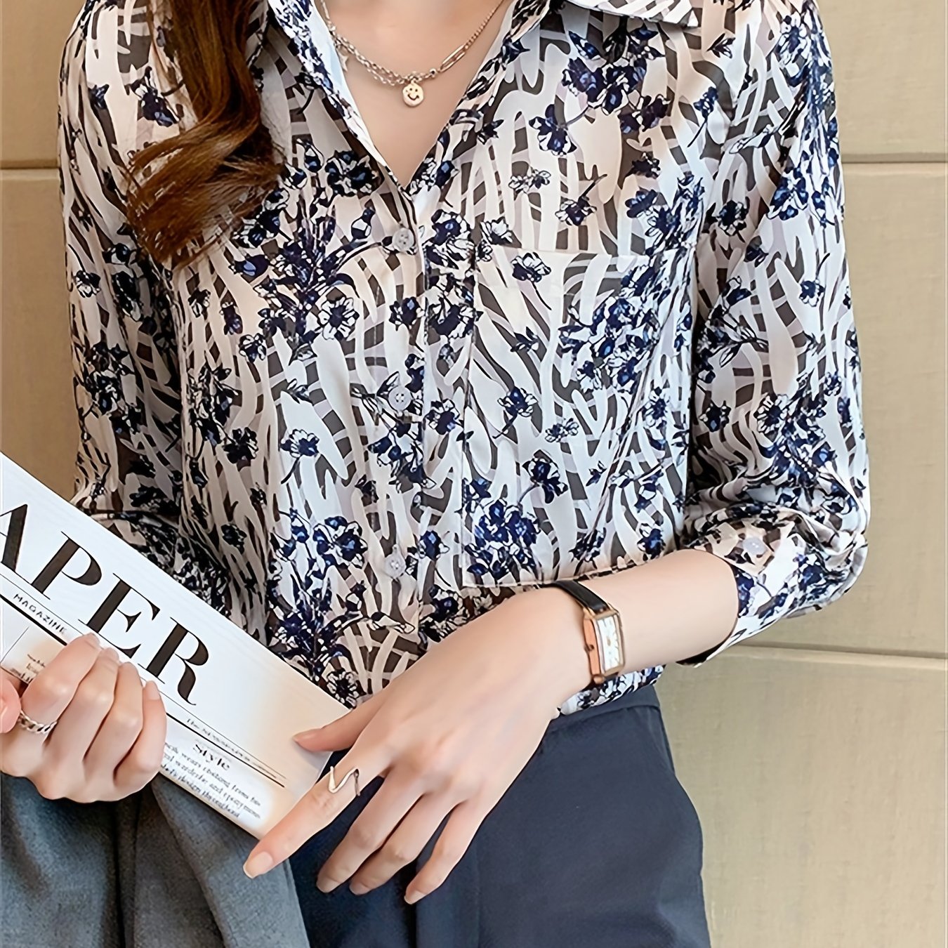 Floral Print Shirt, Vintage Button Front Long Sleeve Shirt, Women's Clothing