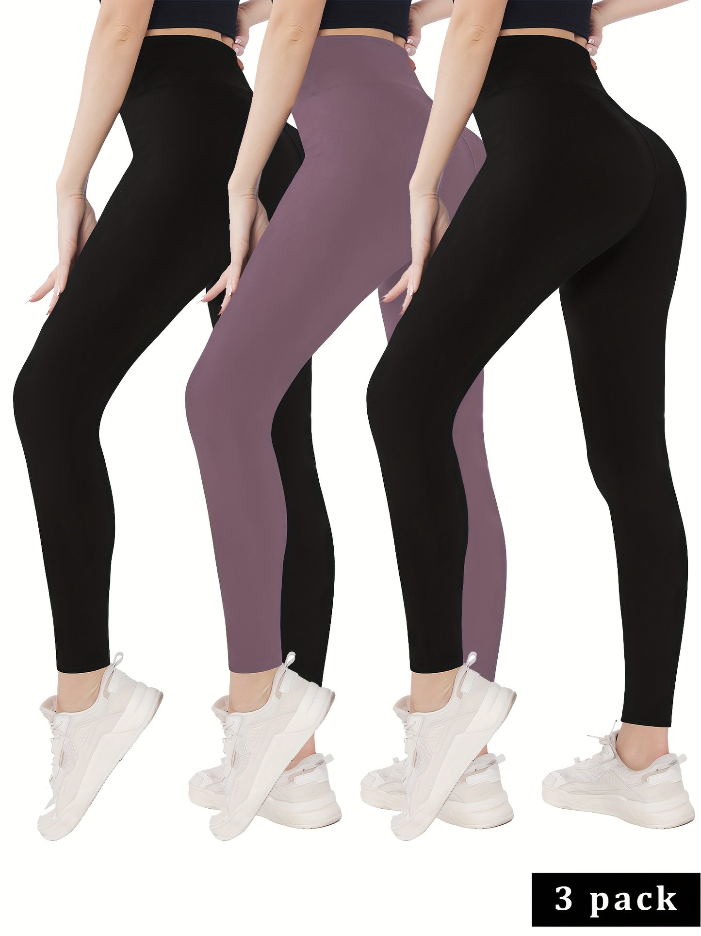 gbolsosSolid High Waist Skinny 3 Pieces Set Leggings, Workout Spring & Fall Leggings, Women's Clothing