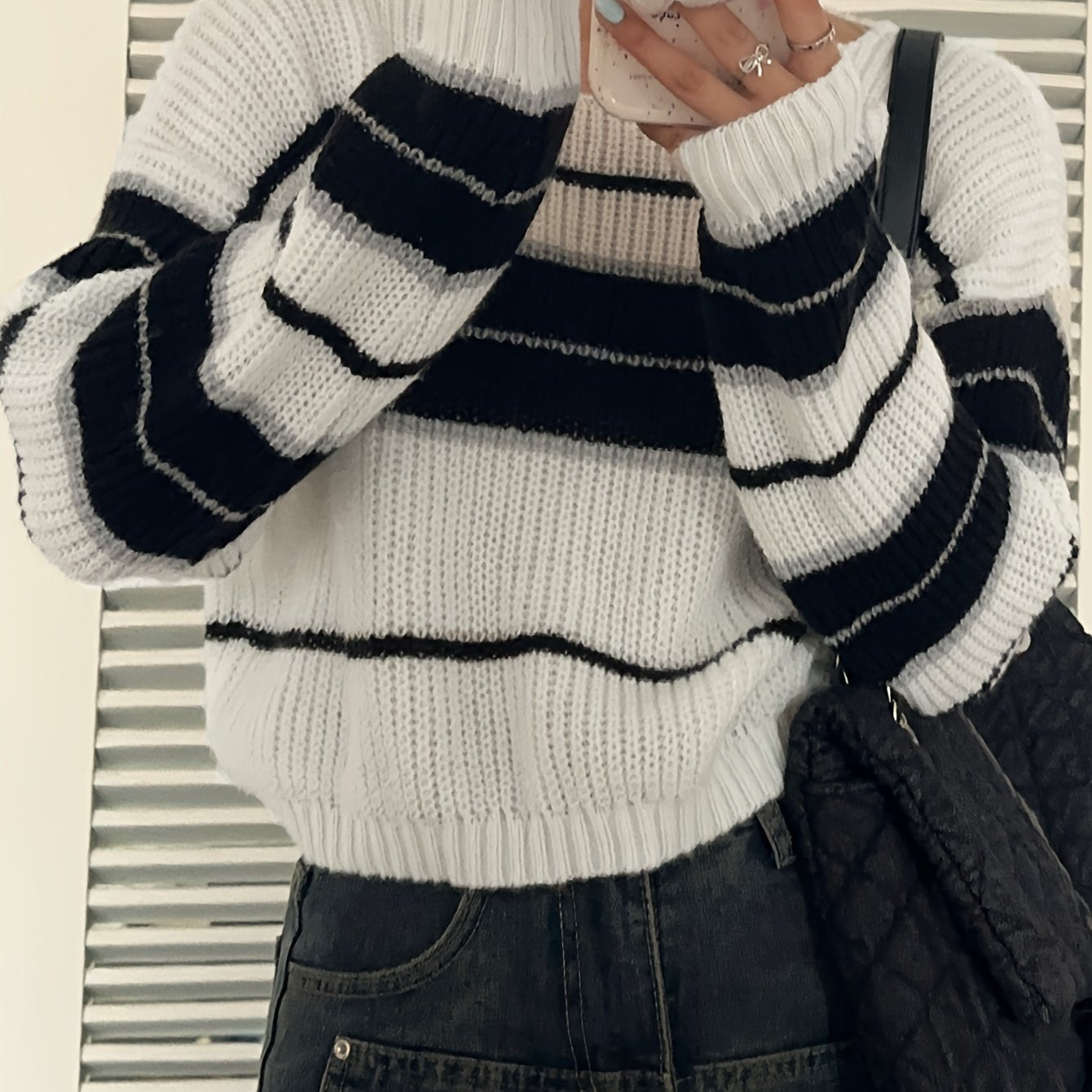 gbolsos Striped Crew Neck Pullover Sweater, Casual Long Sleeve Crop Sweater, Women's Clothing