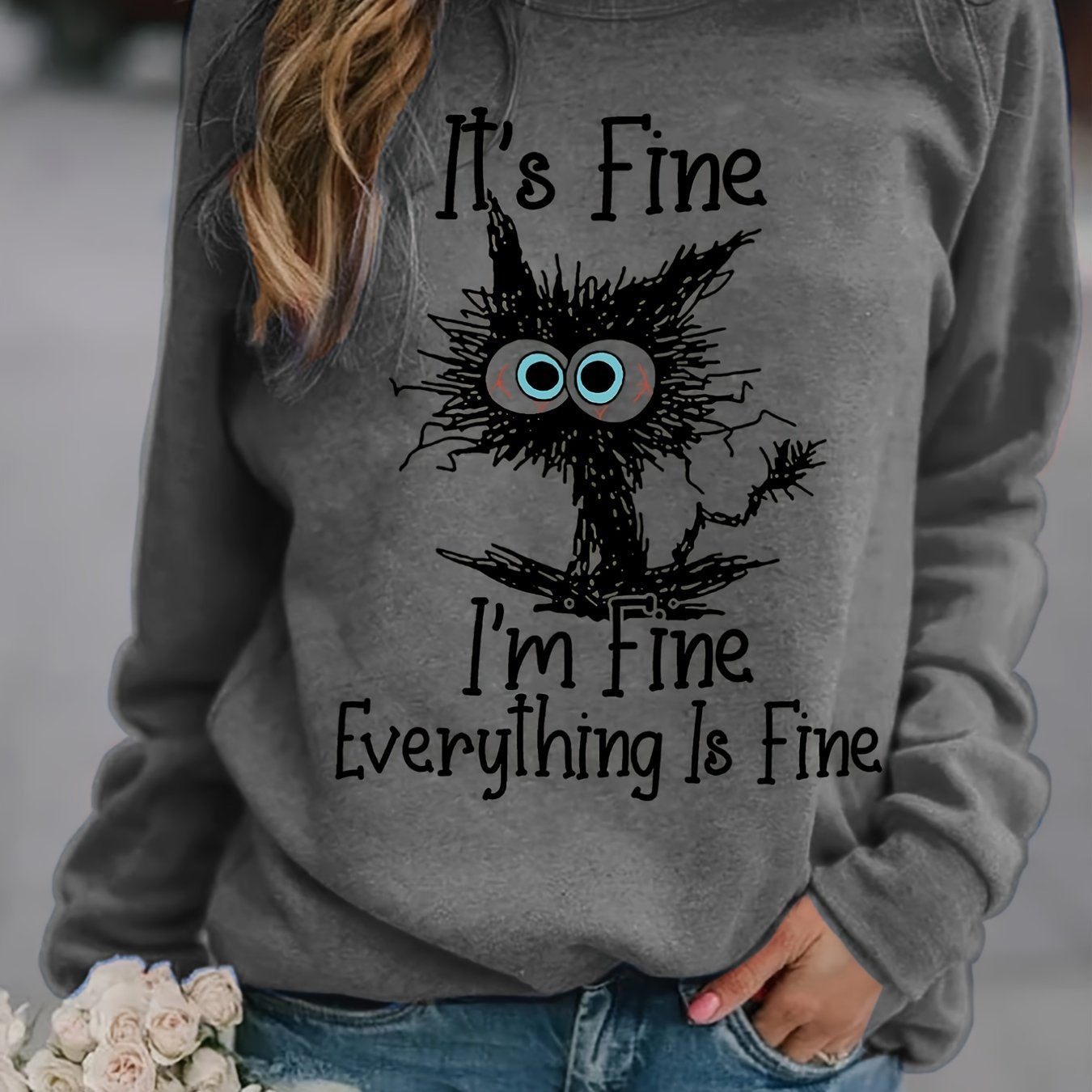 gbolsos It's Fine Cartoon Cat Print Sweatshirt, Long Sleeve Crew Neck Casual Sweatshirt For Winter & Fall, Women's Clothing
